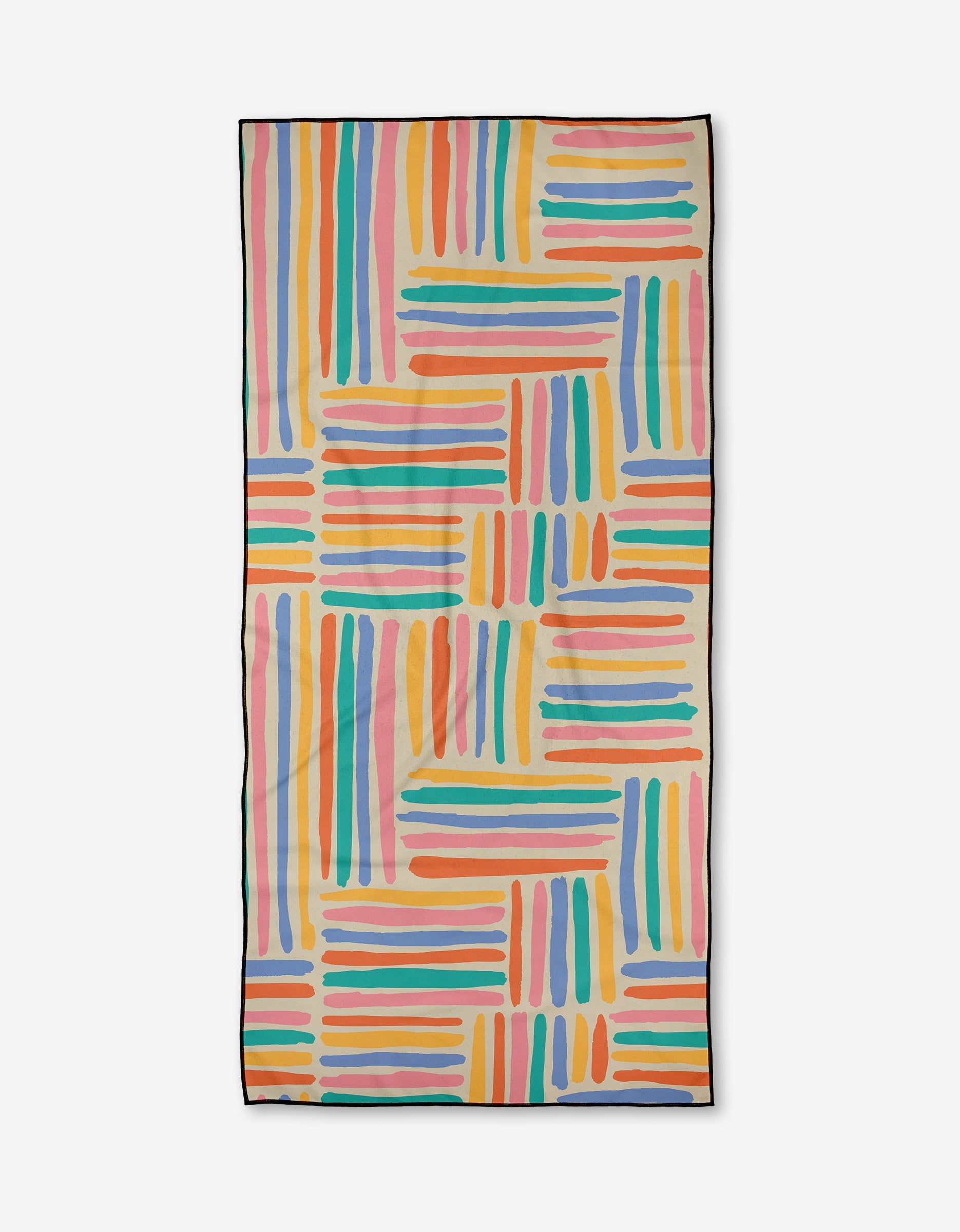 The Sareka Unique Pathways towel is rectangular, quick-drying, and made from recycled materials. It features a colorful abstract stripe pattern in orange, pink, blue, yellow, and green on a light background with a black border.