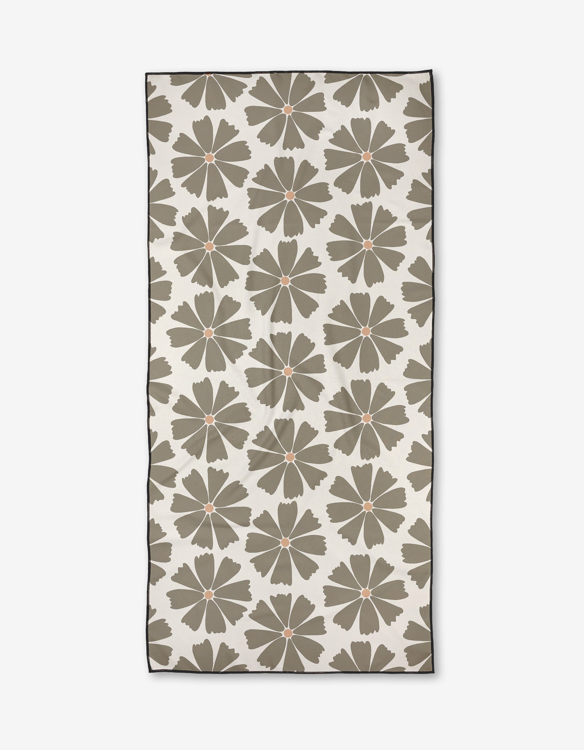 The Hufton Studio Retro Daisy is a rectangular beach towel made from recycled materials, featuring large olive green flowers with orange centers on an off-white background, a thin dark border, and soft micro-loop texture.