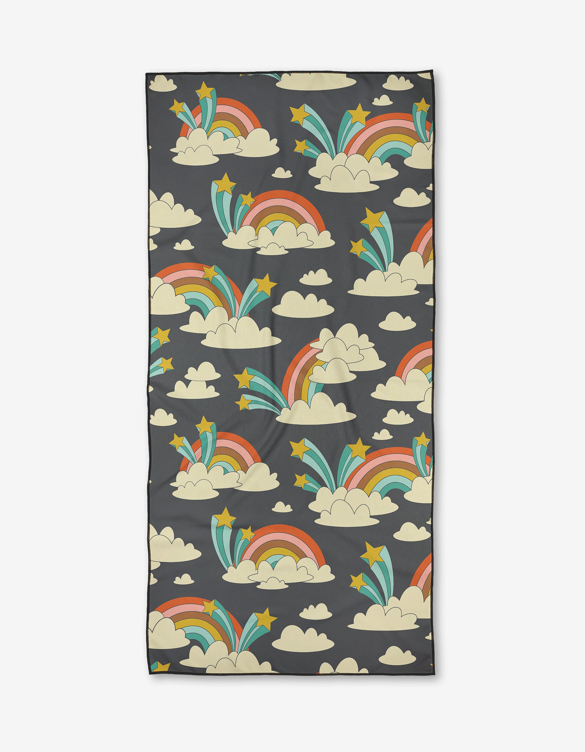 The Retro Rainbows rectangular micro-loop beach towel by Megan Kampa features red, orange, yellow, and teal rainbow stripes with cream clouds on a dark background. Made from recycled materials, its quick-drying and eco-friendly.
