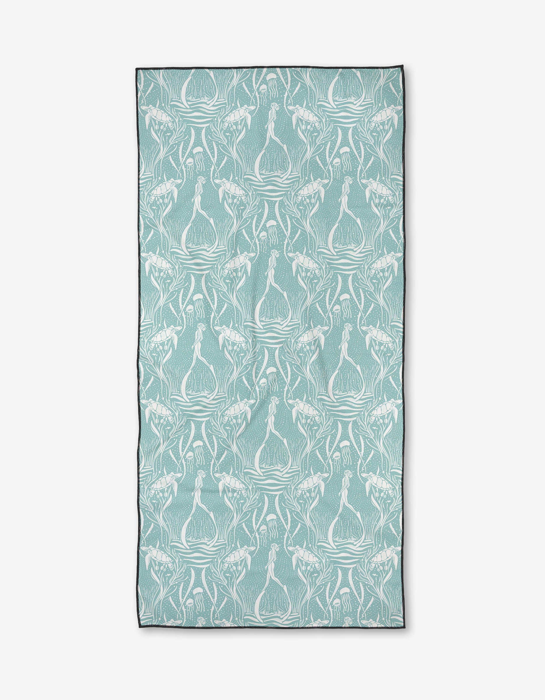 The Scuba Diver beach towel by Katie OShea is rectangular, quick-drying, and showcases white onions and leafy plants on light teal with a slim dark border for a stylish touch.