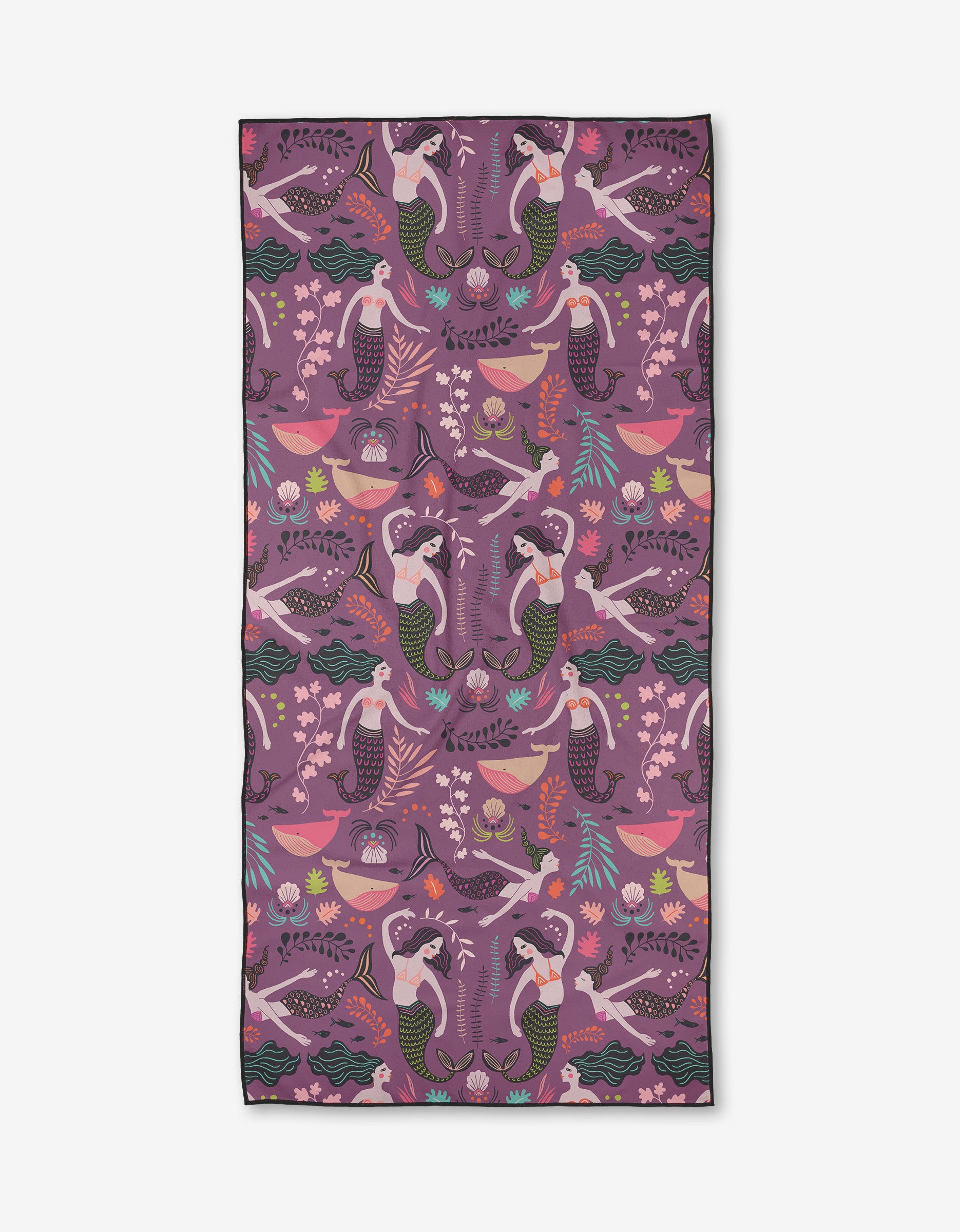 The Jessica Swift Siren Song micro-loop beach towel features mermaids, fish, and aquatic plants in purple, pink, green, and orange on a light background. Made with recycled materials for eco-friendly style.