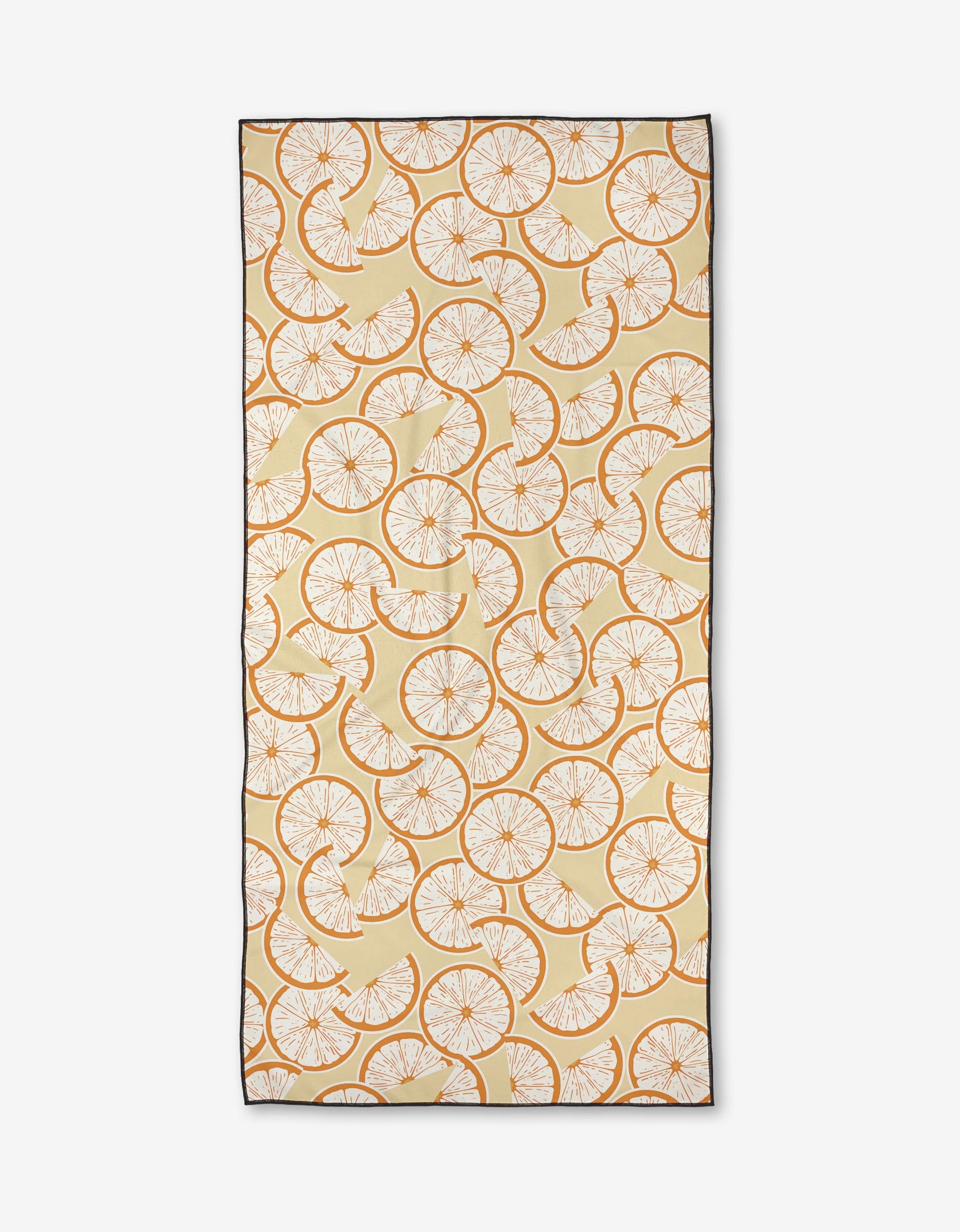 The Ashley Celena Sliced beach towel features a rectangular shape, quick-dry fabric, orange and white citrus slices on a light yellow background, and a thin dark border—making it a compact must-have for sunny getaways.