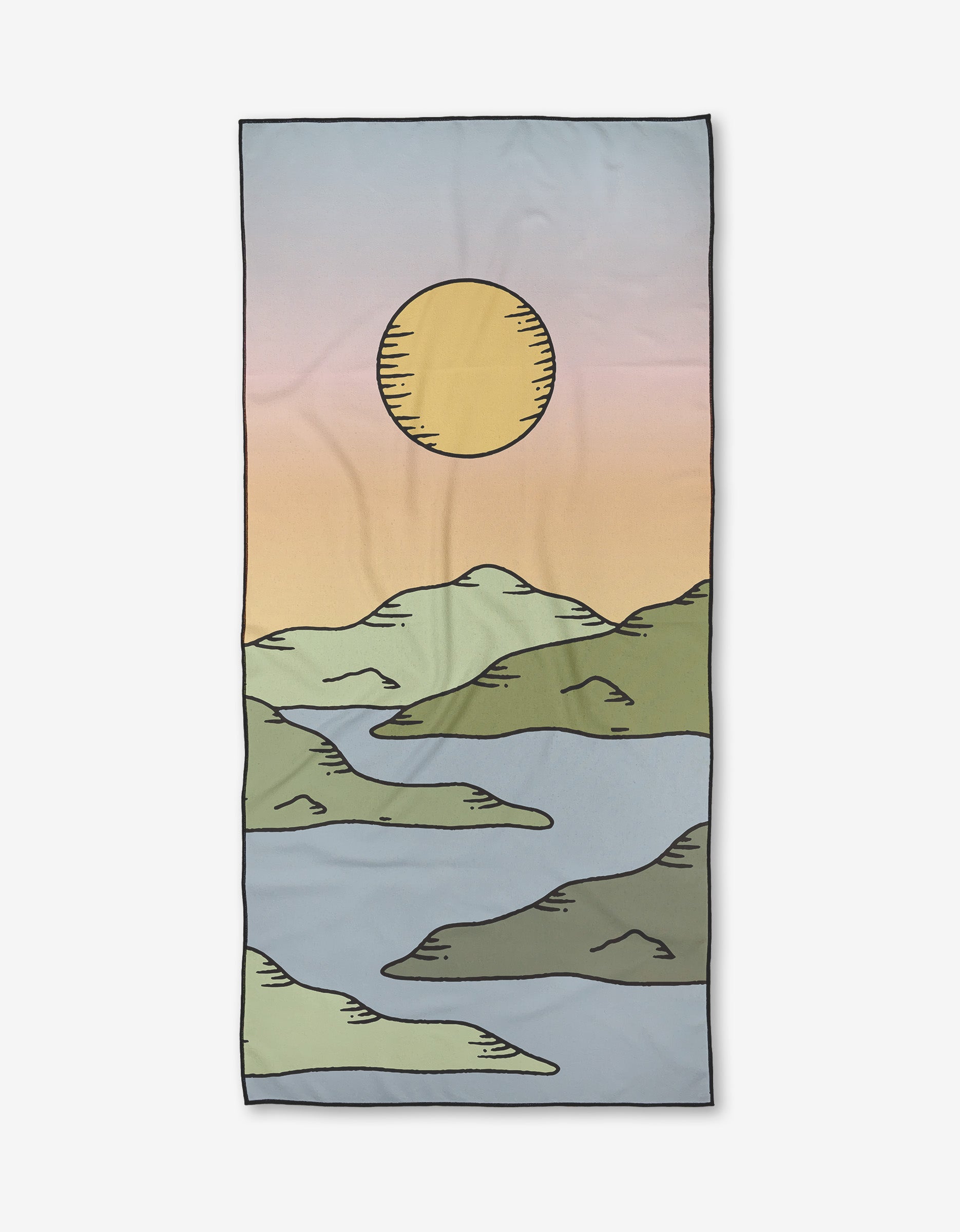 The Sorbet Sunrise Micro-loop Beach Towel by Graphics and Grain features a stylized landscape of green hills, a blue river, and a yellow sun under a pastel sky. Made from quick-drying recycled materials with soft colors and simple lines.