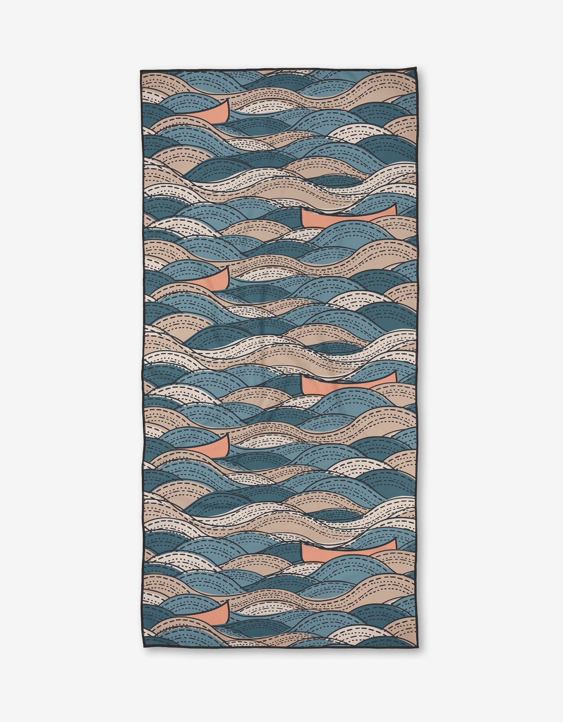 Twig + Spark Squall Micro-loop Beach Towel: Rectangular towel with abstract wave patterns in blue, beige, cream, and tan on a white background. Crafted from quick-drying recycled materials.