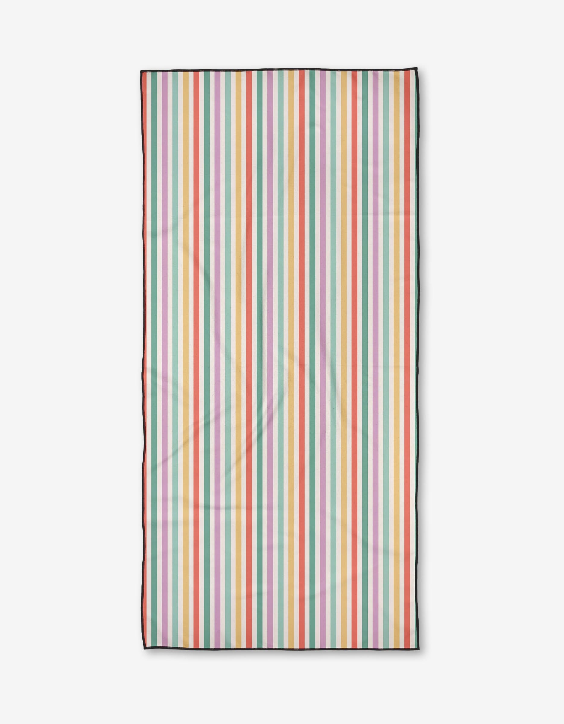 The Summer Stripes beach towel by Charlie Rowan Designs is compact and made from recycled materials, featuring vertical stripes in pink, orange, yellow, green, blue, and white with a thin black border on a white background.