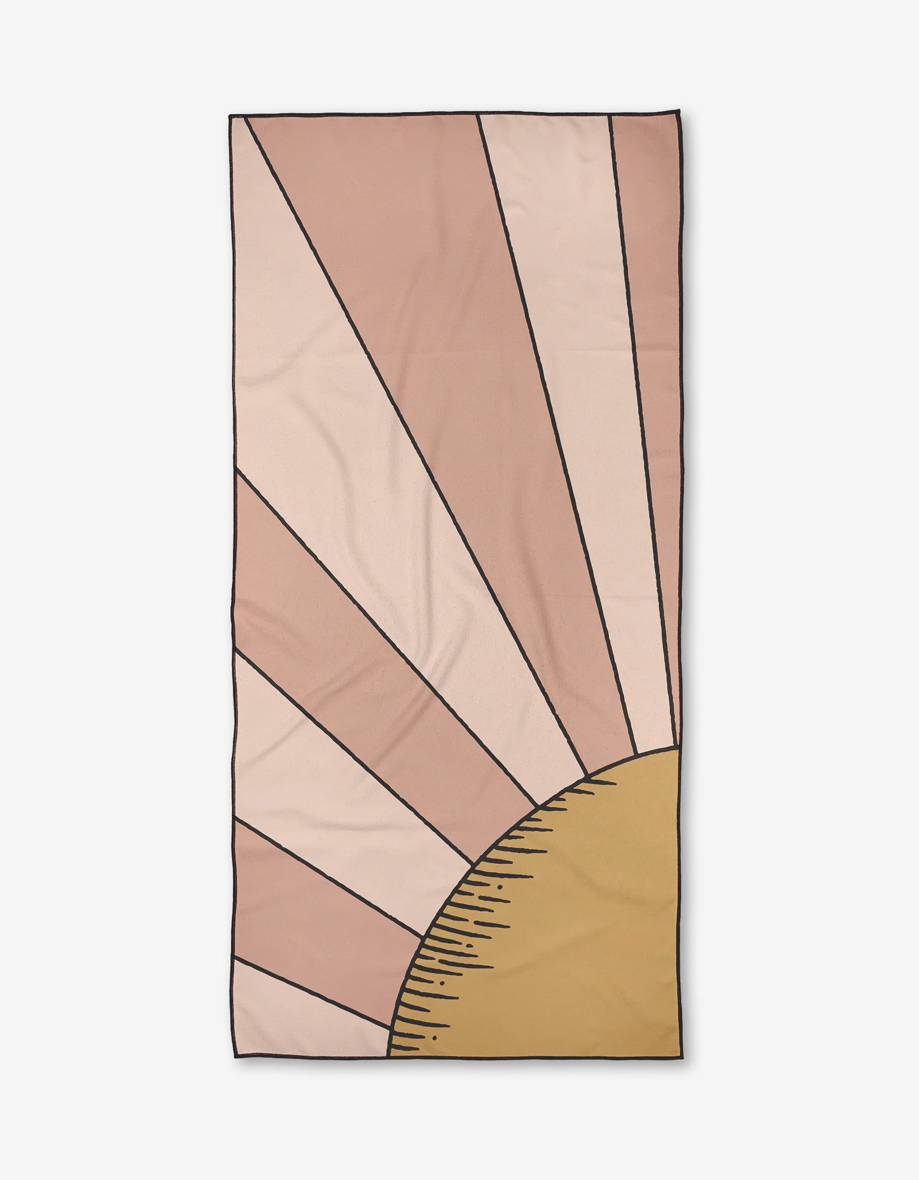 The Sunburst beach towel by Graphics and Grain is rectangular, quick-drying, and features a minimalist sunburst with a yellow semicircle in one corner and peach-pink rays outlined in black.