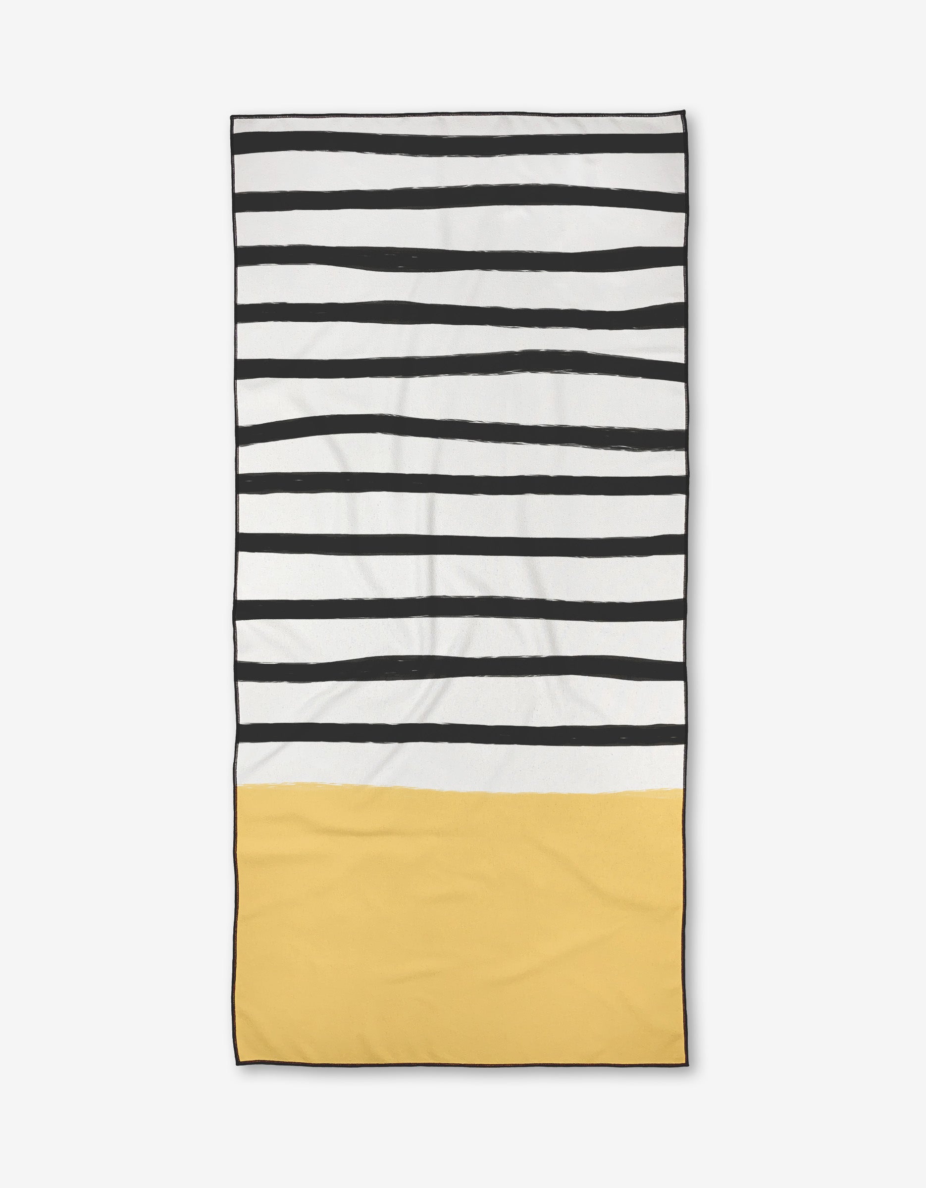 The Sunni towel by Kailee Wright is a compact beach towel with uneven black stripes on white and a solid yellow bottom section—perfect for the beach or pool.