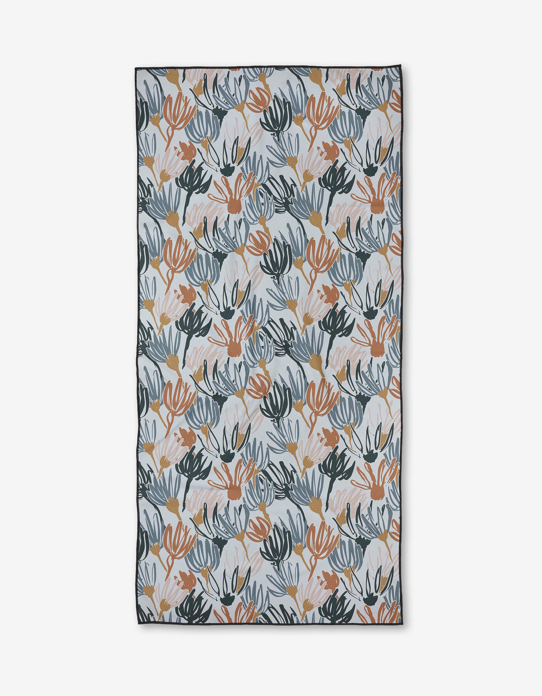 The Sunshine beach towel by Toboggan Avenue features a recycled rectangular design with an abstract leaf pattern in blue, orange, peach, and beige on light gray. Quick-drying and finished with a dark border for a sleek look.