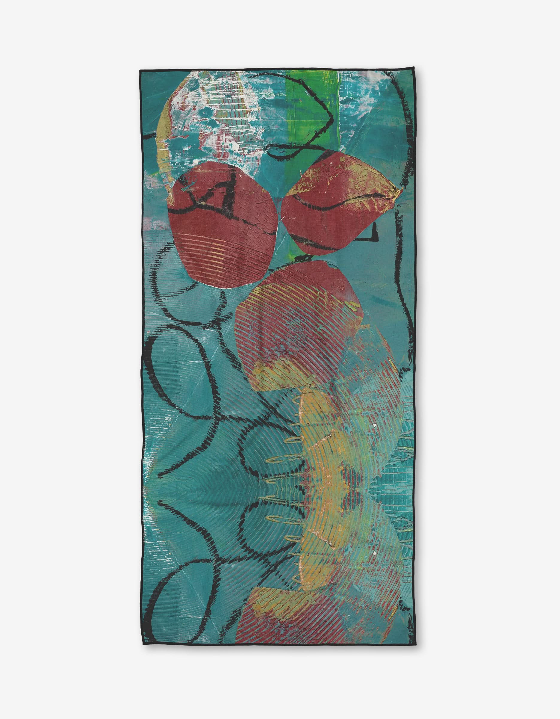 The Apple Doesn’t Fall Far From the Tree by Katherine Berkeley is a quick-drying recycled micro-loop beach towel with abstract red, yellow, and green shapes on teal, black outlines, and layered organic forms.