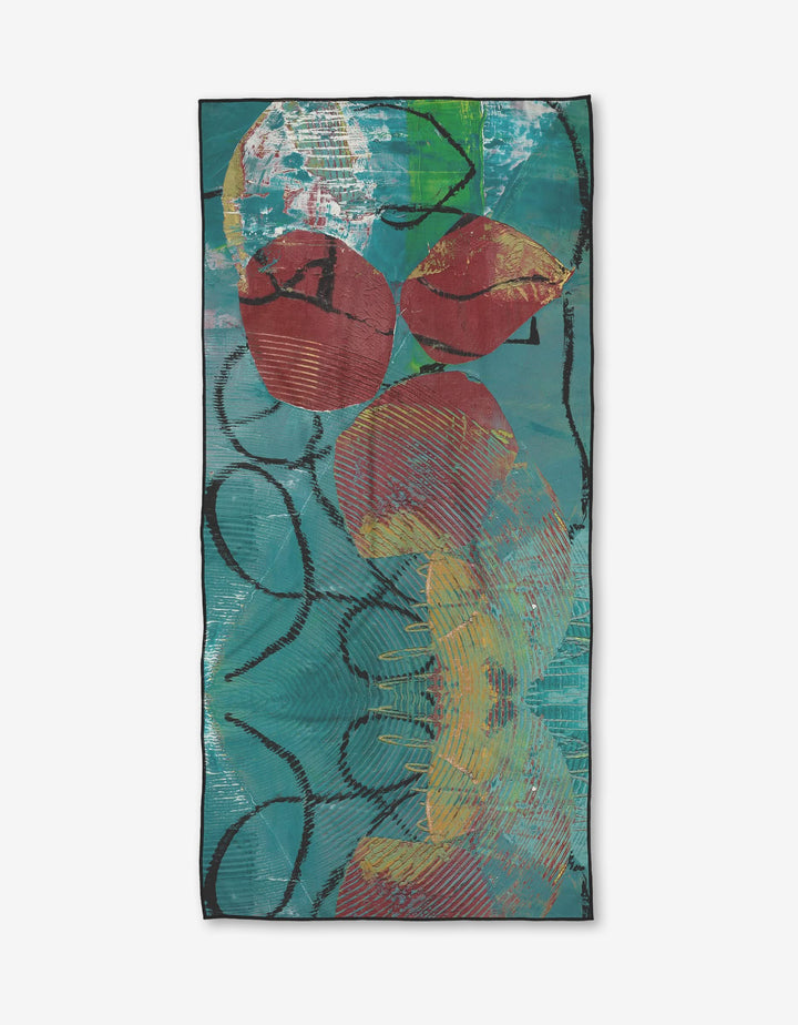The Apple Doesn’t Fall Far From the Tree by Katherine Berkeley is a quick-drying recycled micro-loop beach towel with abstract red, yellow, and green shapes on teal, black outlines, and layered organic forms.