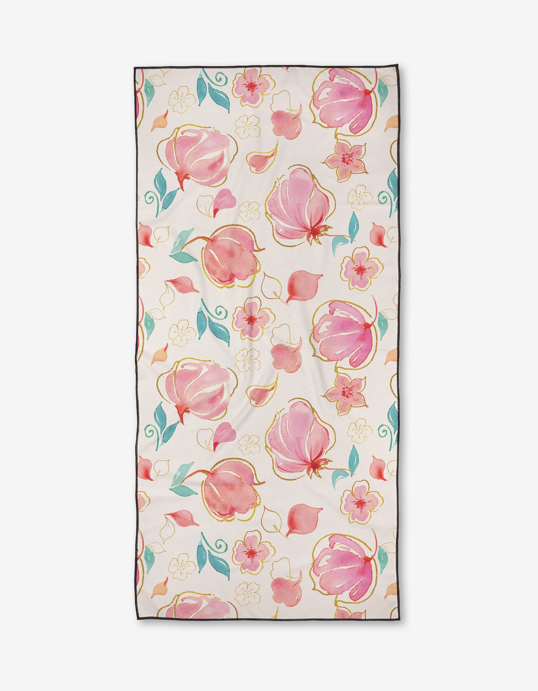 The Watercolor Blooms beach towel by Elena Fay is rectangular, quick-drying, and features a white background with vibrant pink and peach flowers, green leaves, and yellow blooms outlined in gold.
