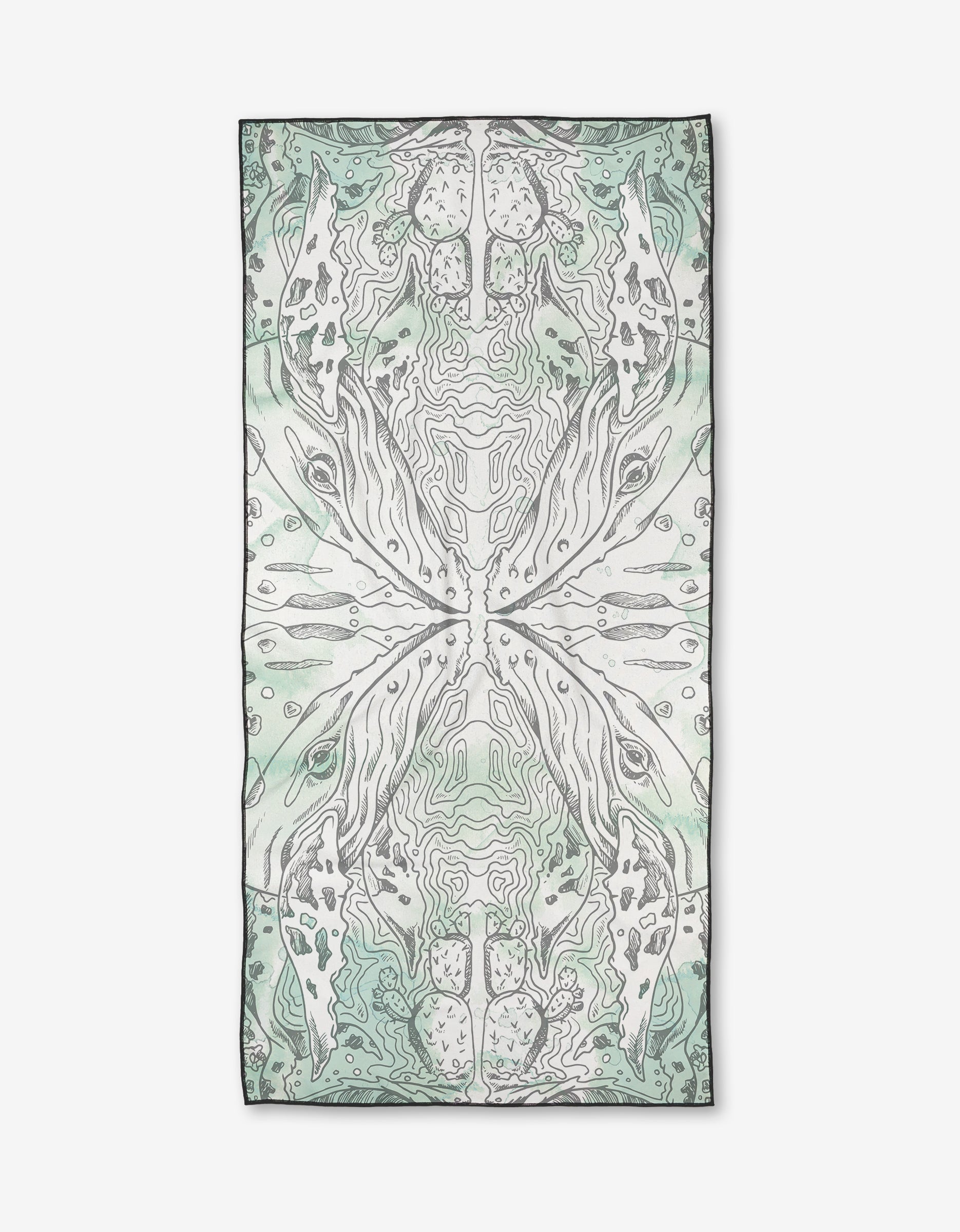 The Skye Walker Whale Micro-loop Beach Towel features a rectangular shape and an abstract, symmetrical design in soft green, grey, and white tones. Made from post-consumer recycled materials, it is shown laid flat on a white background.
