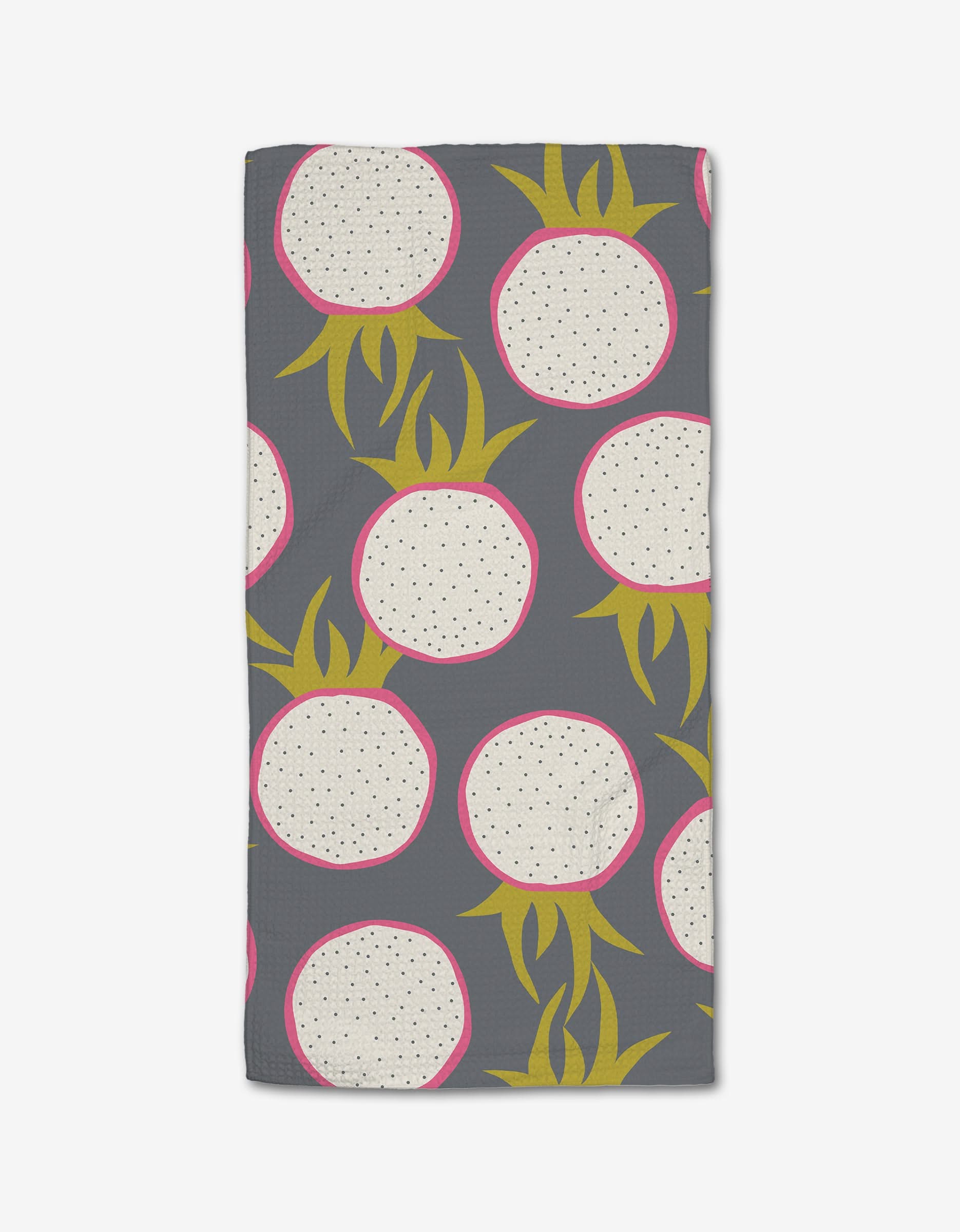 The Dragon Fruit Frolic Bar Towel by Lizzie Clark is made from Geoweave fabric and features a repeating pattern of dragon fruit slices with white flesh, black seeds, pink rinds, and green leaves on a dark gray background.