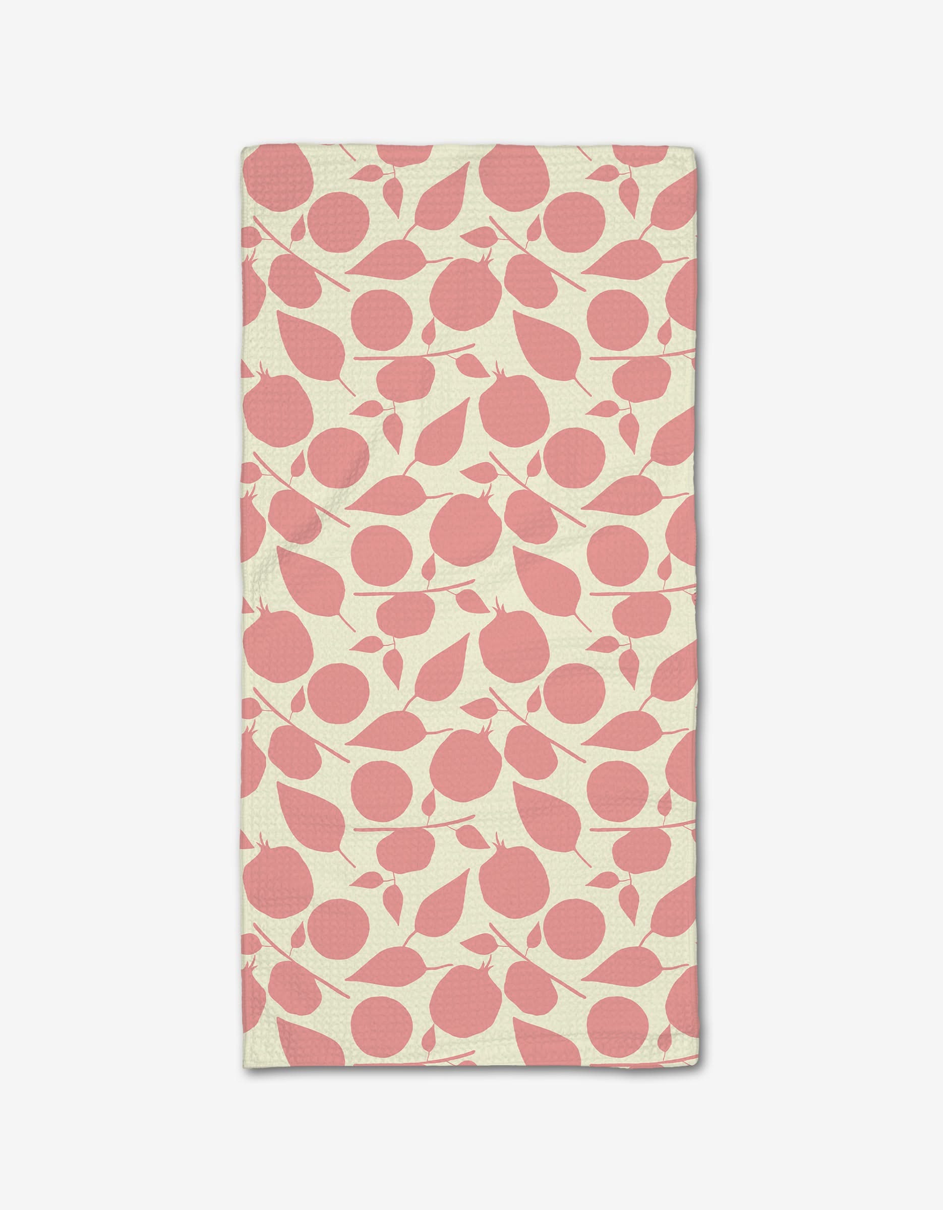 The Fruity Toss bar towel by Lizzie Clark is cream-colored and rectangular, with pink cherries and leaves in a diagonal pattern. Made from soft Geoweave fabric, it offers exceptional absorbency.