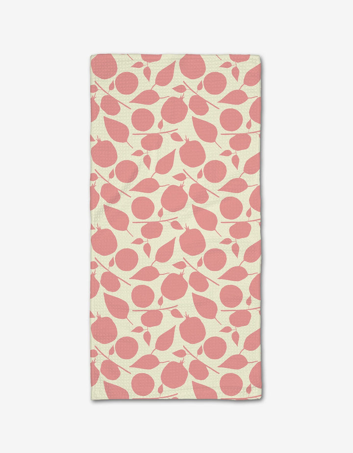 The Fruity Toss bar towel by Lizzie Clark is cream-colored and rectangular, with pink cherries and leaves in a diagonal pattern. Made from soft Geoweave fabric, it offers exceptional absorbency.