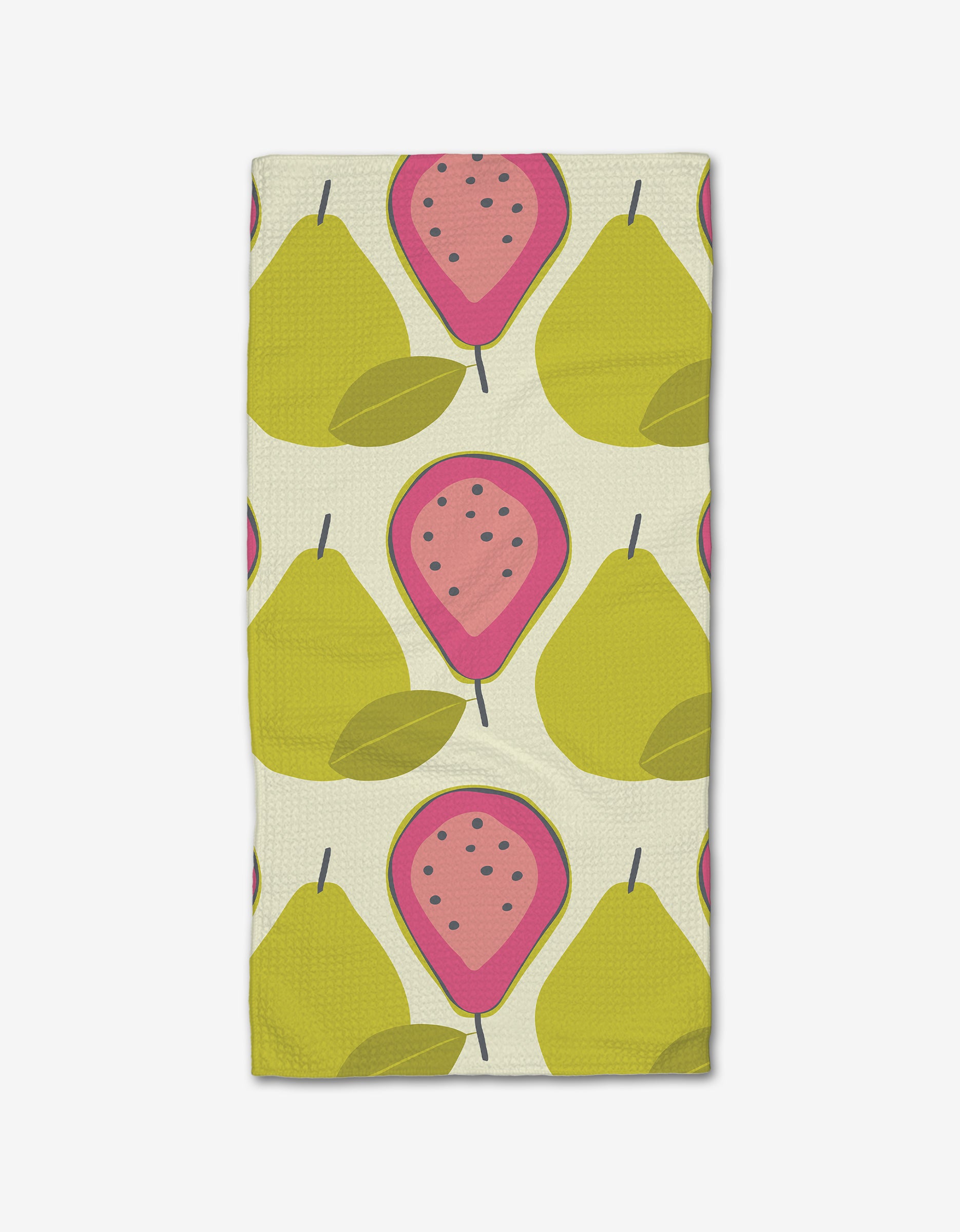 The Lizzie Clark Guava Groove Bar Towel features whole yellow pears, green leaves, and pink guava slices with dark seeds on a light background, made from absorbent Geoweave fabric.