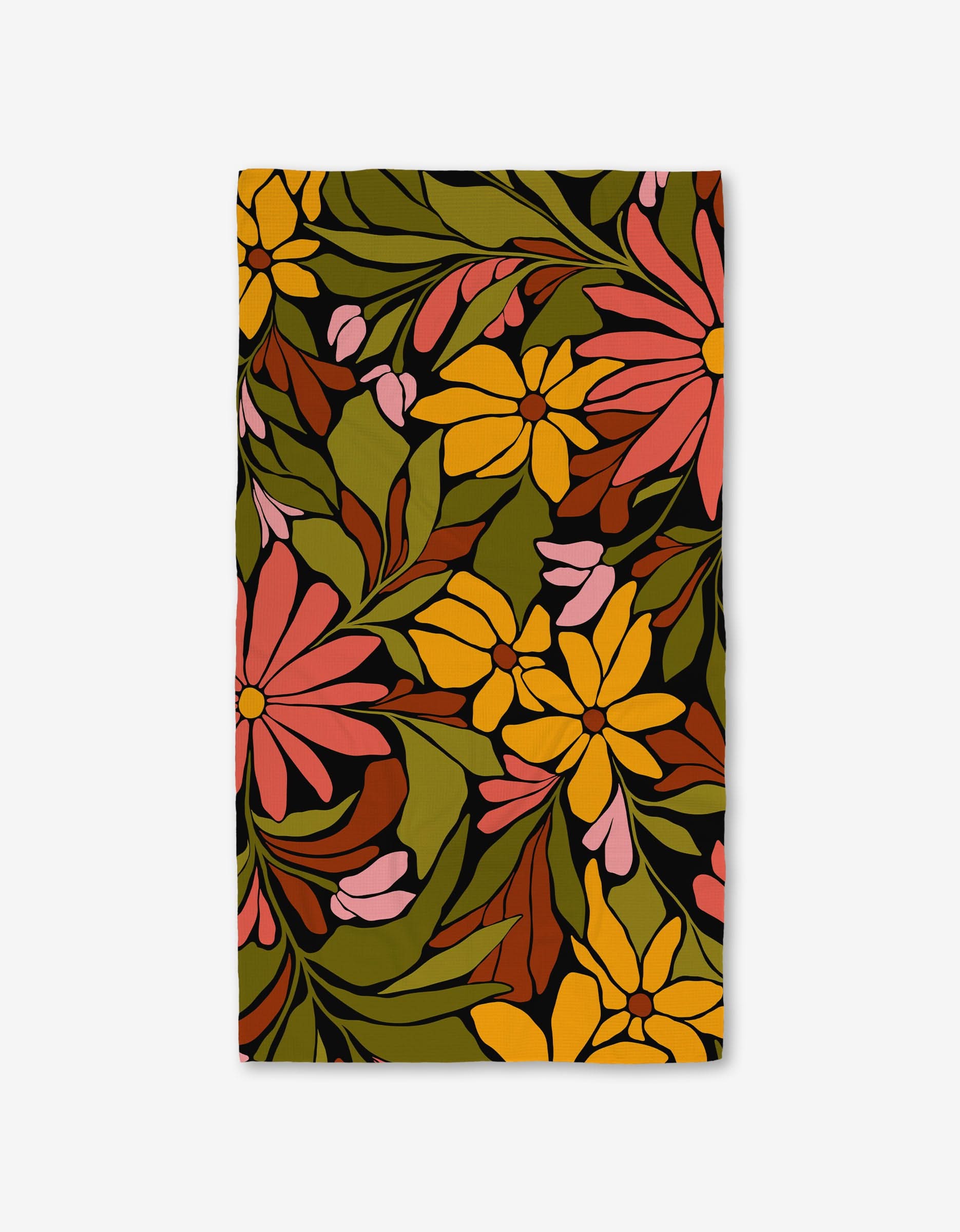 The GEOMETRY Blooming Black bath towel features a vibrant floral print with yellow, orange, and pink flowers on a black background, crafted in a rectangular shape with ultra-absorbent Geoweave technology.