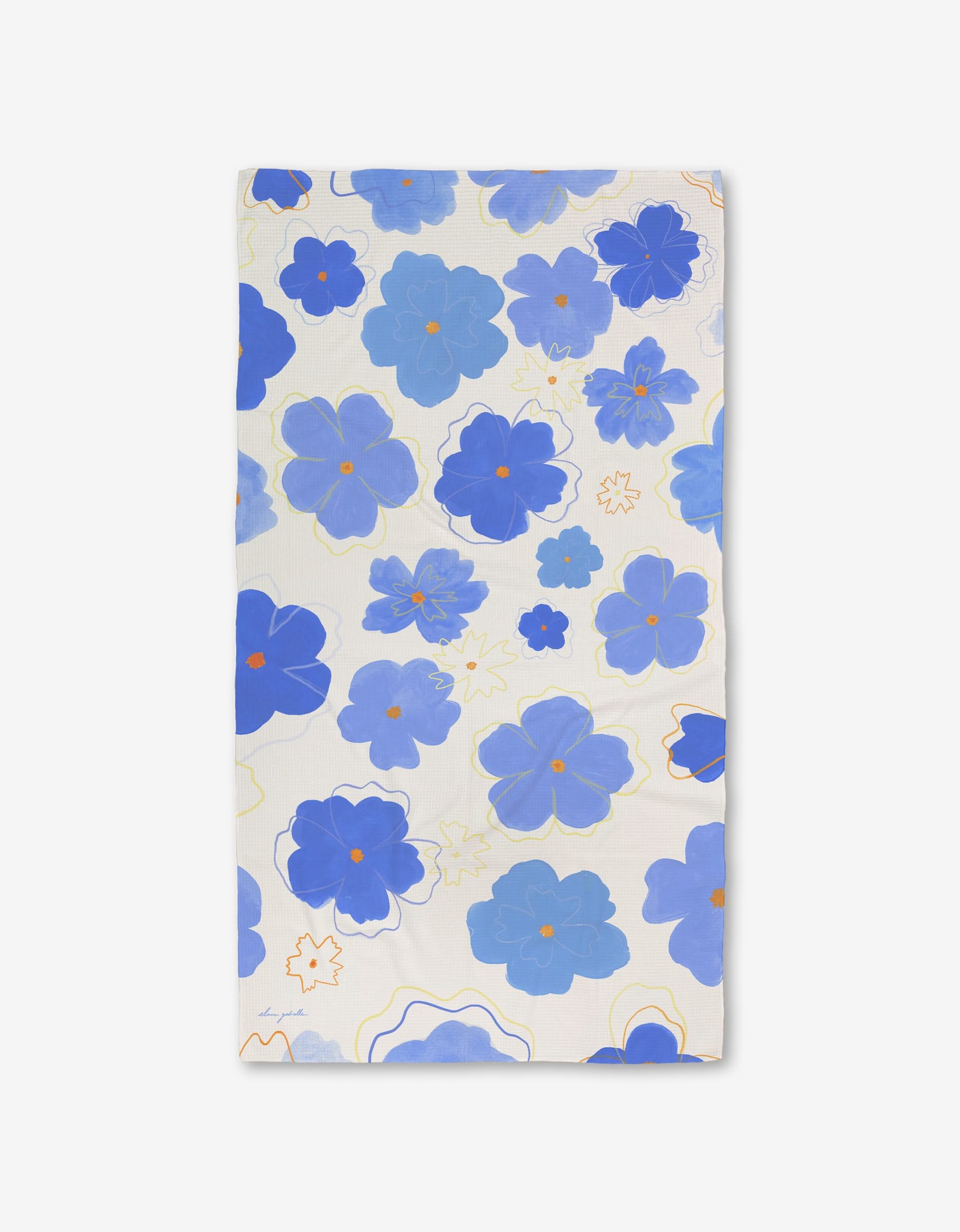 Blue Blossoms by Elana Gabrielle is a rectangular cloth featuring large and small blue flowers with orange centers and yellow outlines on a white background, crafted with Geoweave technology for superior quality.