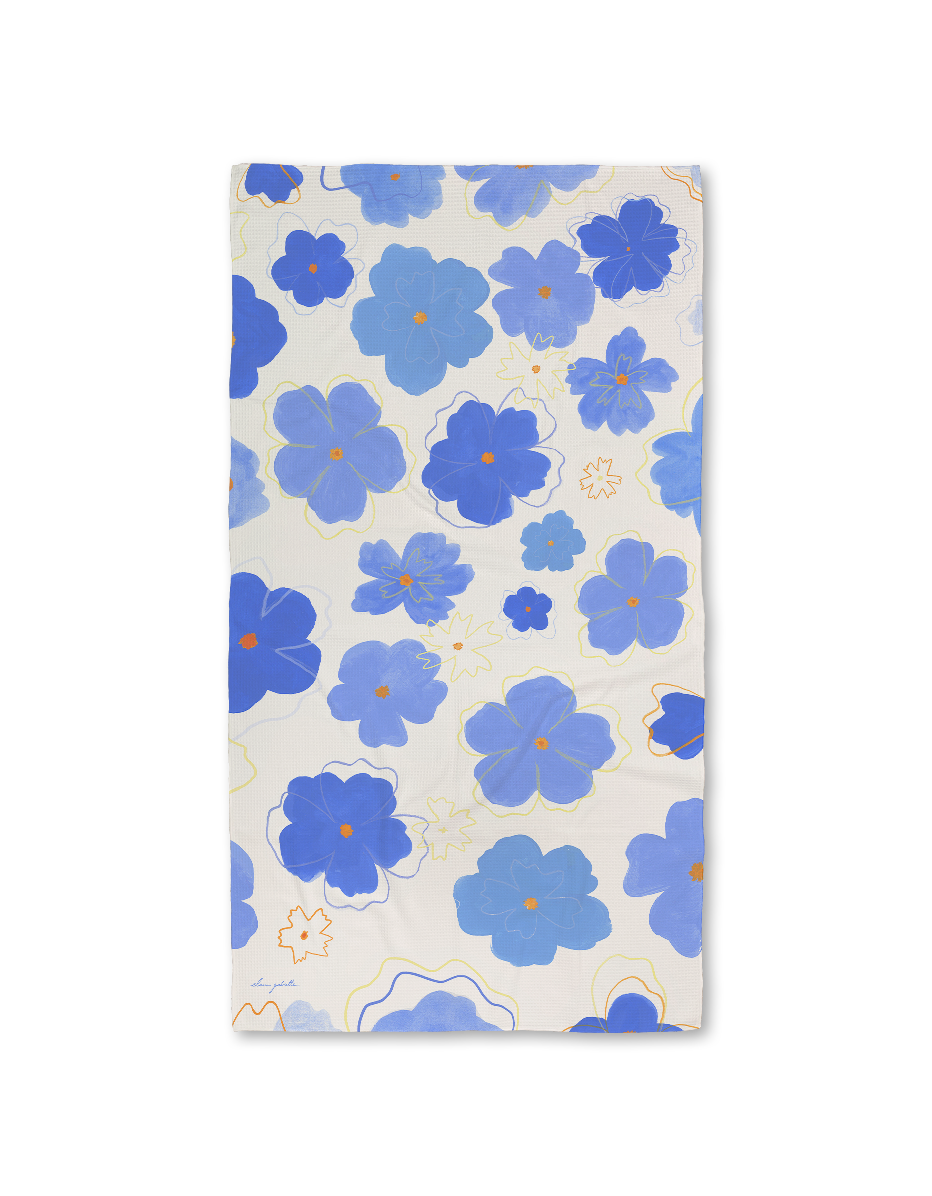 The Elana Gabrielle Blue Blossoms Luxe Hand Towel features a white background with large and small blue flowers accented by orange centers and outlines, plus abstract orange shapes. Made with ultra-absorbent Geoweave technology for top performance.