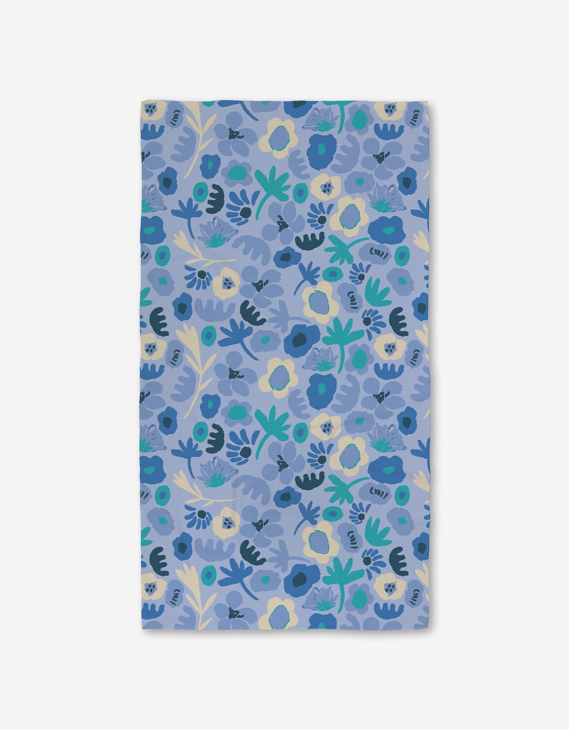 The Sareka Unique Cool Blooms bath towel features a dense pattern of blue, yellow, and green flowers and leaves on light blue, crafted with Geoweave technology for ultra-absorbency across the entire surface.