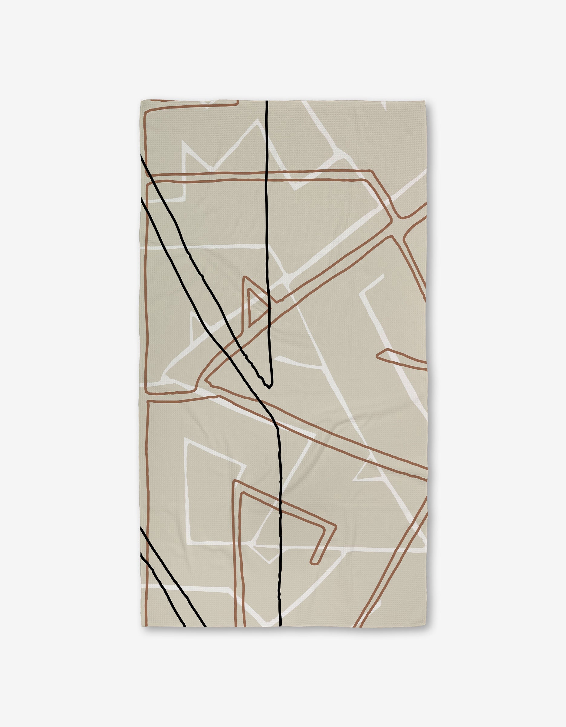 The GEOMETRY Journey rug features a rectangular beige design with abstract, overlapping lines in black, brown, and white on a plain background—crafted from recycled materials for an eco-friendly touch.
