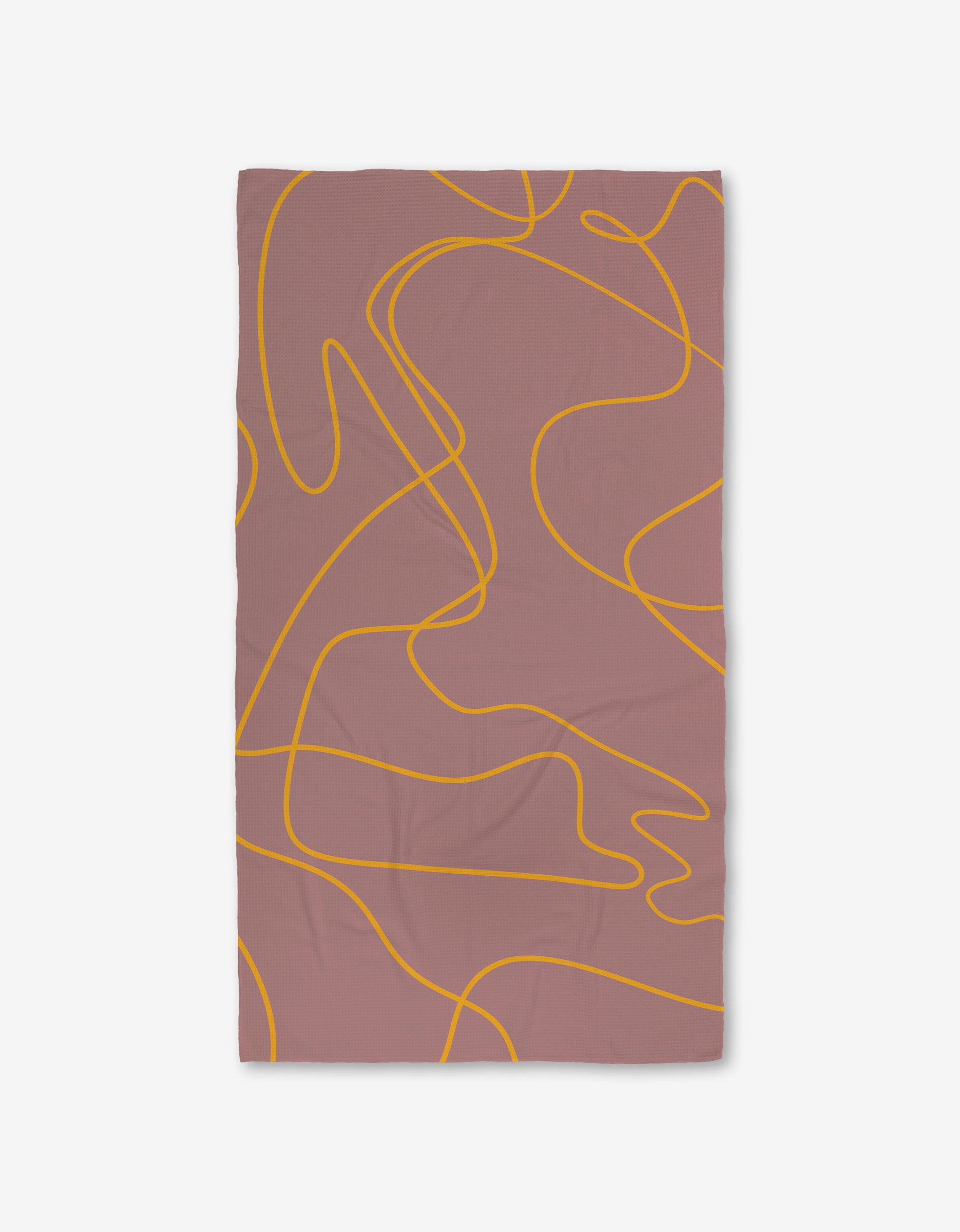 The GEOMETRY On The Mauve bath towel is rectangular, mauve-colored, and features an abstract pattern of intersecting yellow wavy lines. Made with ultra-absorbent Geoweave technology, its shown flat on a white background.