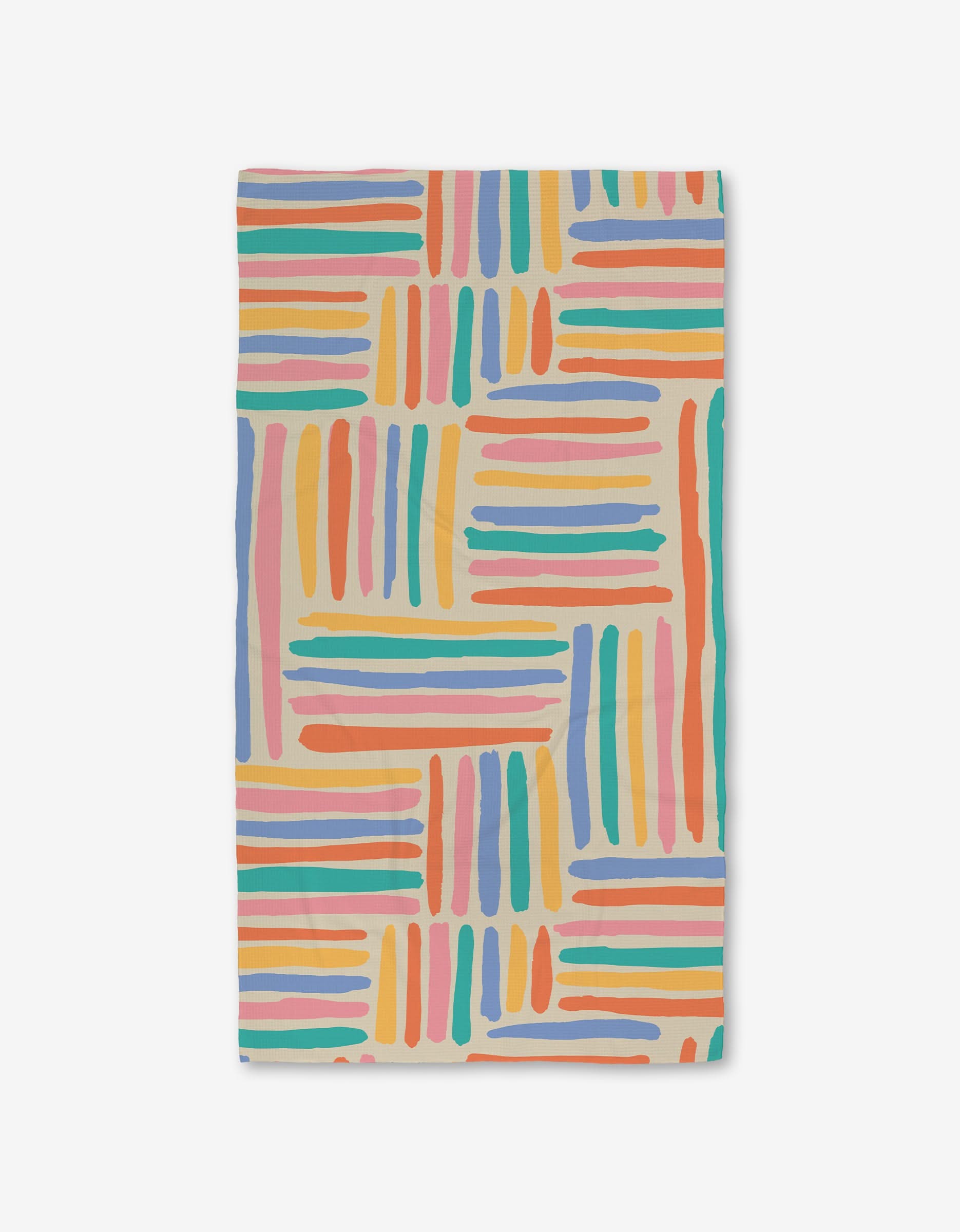 The Pathways bath towel by Sareka Unique features a colorful abstract stripe design on light beige and is crafted with ultra-absorbent Geoweave technology, combining vibrant style with everyday function.