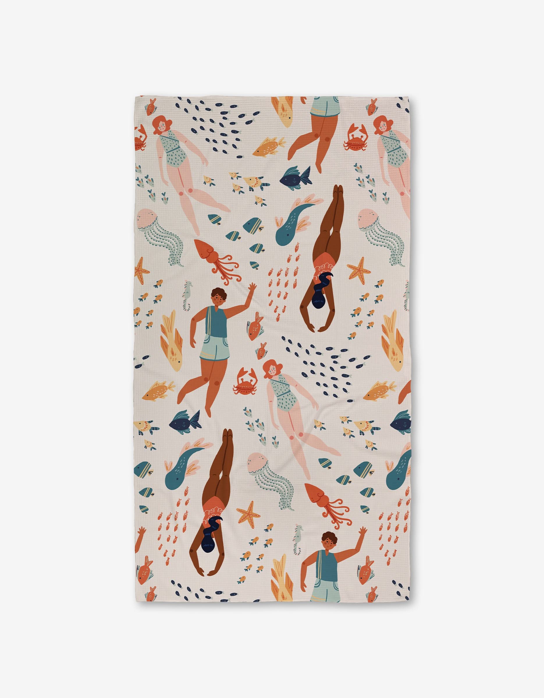 The Spirit of the Ocean Luxe Bath Towel by Janna Sue Design features diverse women swimming with sea life in blue, orange, and peach on a light background. Made with ultra-absorbent recycled materials for style and sustainability.
