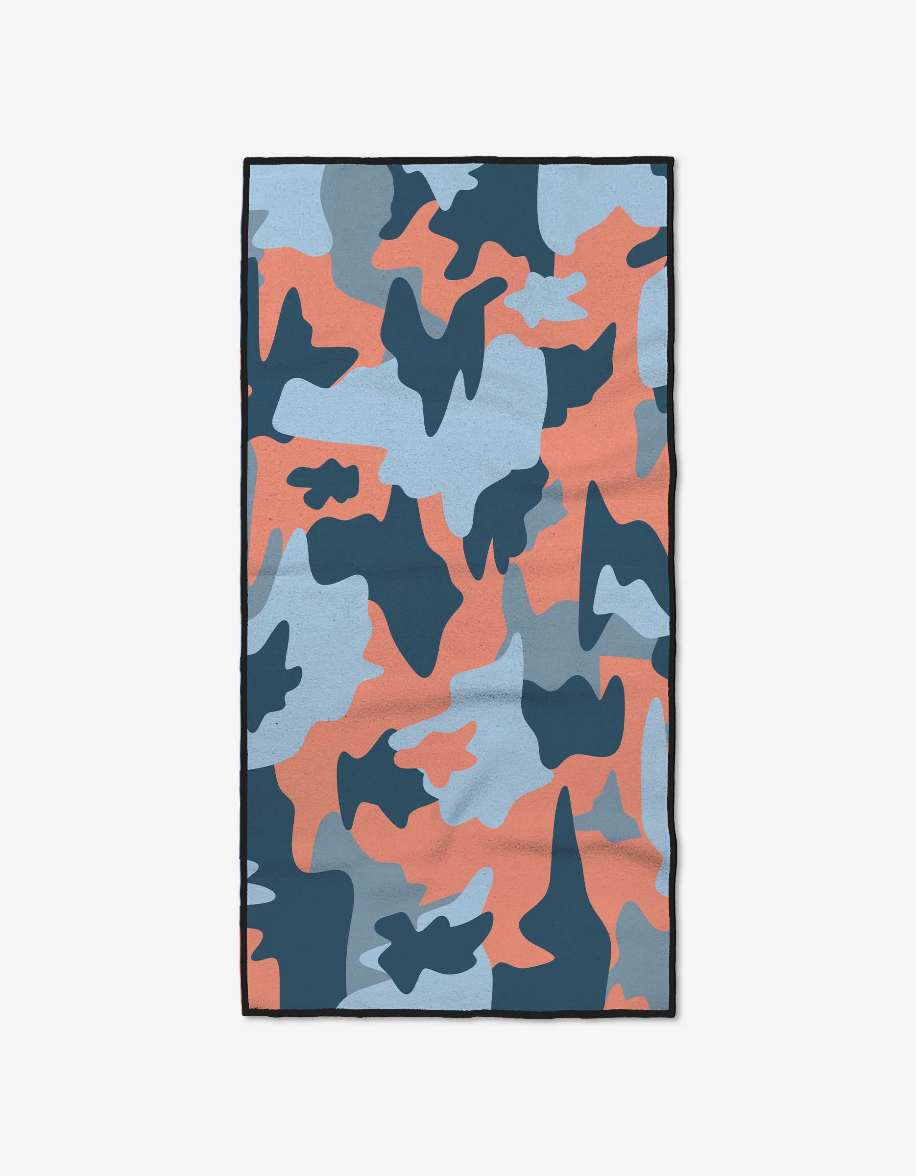 The GEOMETRY Camo towel is a rectangular fitness towel featuring a blue, light blue, and coral pink camouflage pattern on white, made from ultra-absorbent recycled materials.