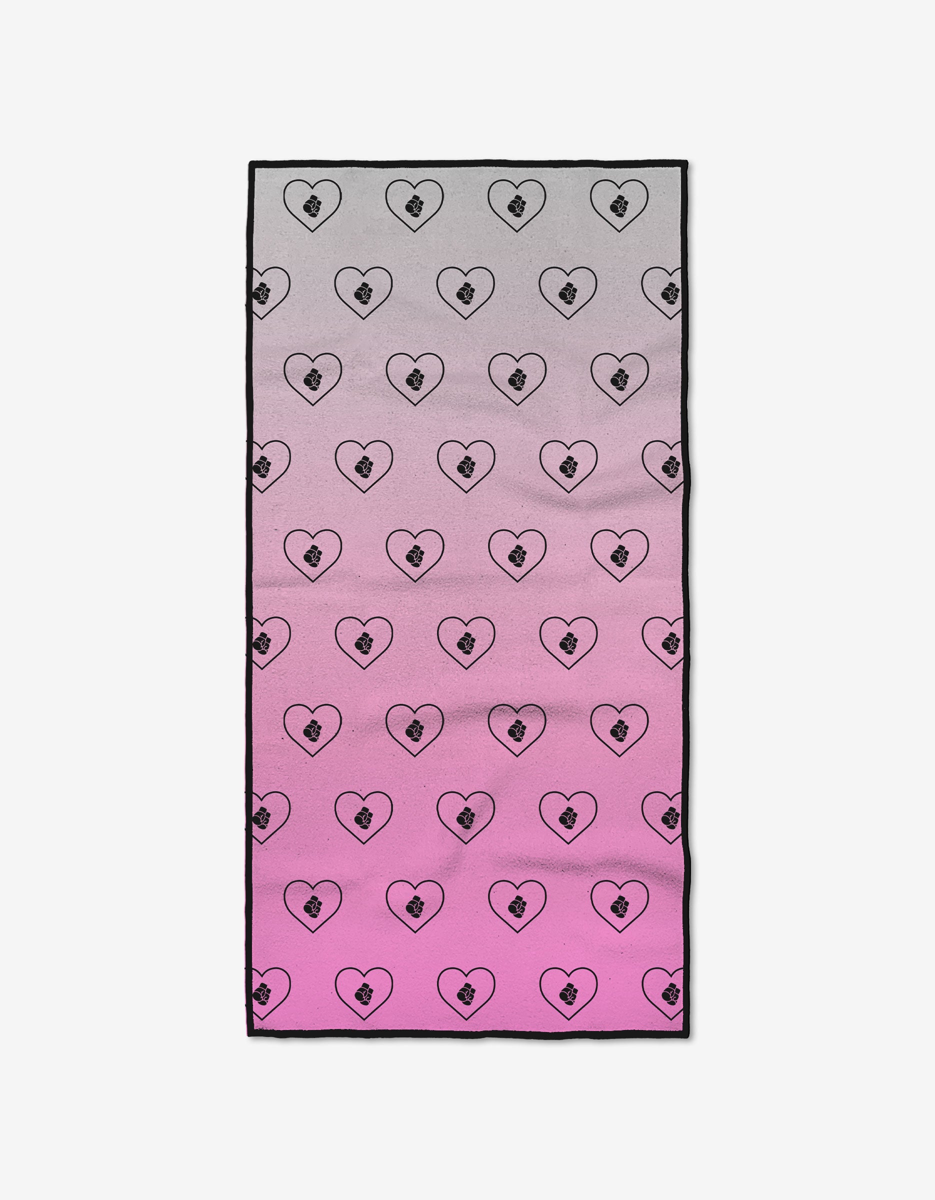The Fight with Heart fitness towel by Ashley Guarrasi features a gradient from light gray to pink and a repeating heart-and-padlock pattern. Made from ultra-absorbent recycled materials, it’s perfect for your workout.