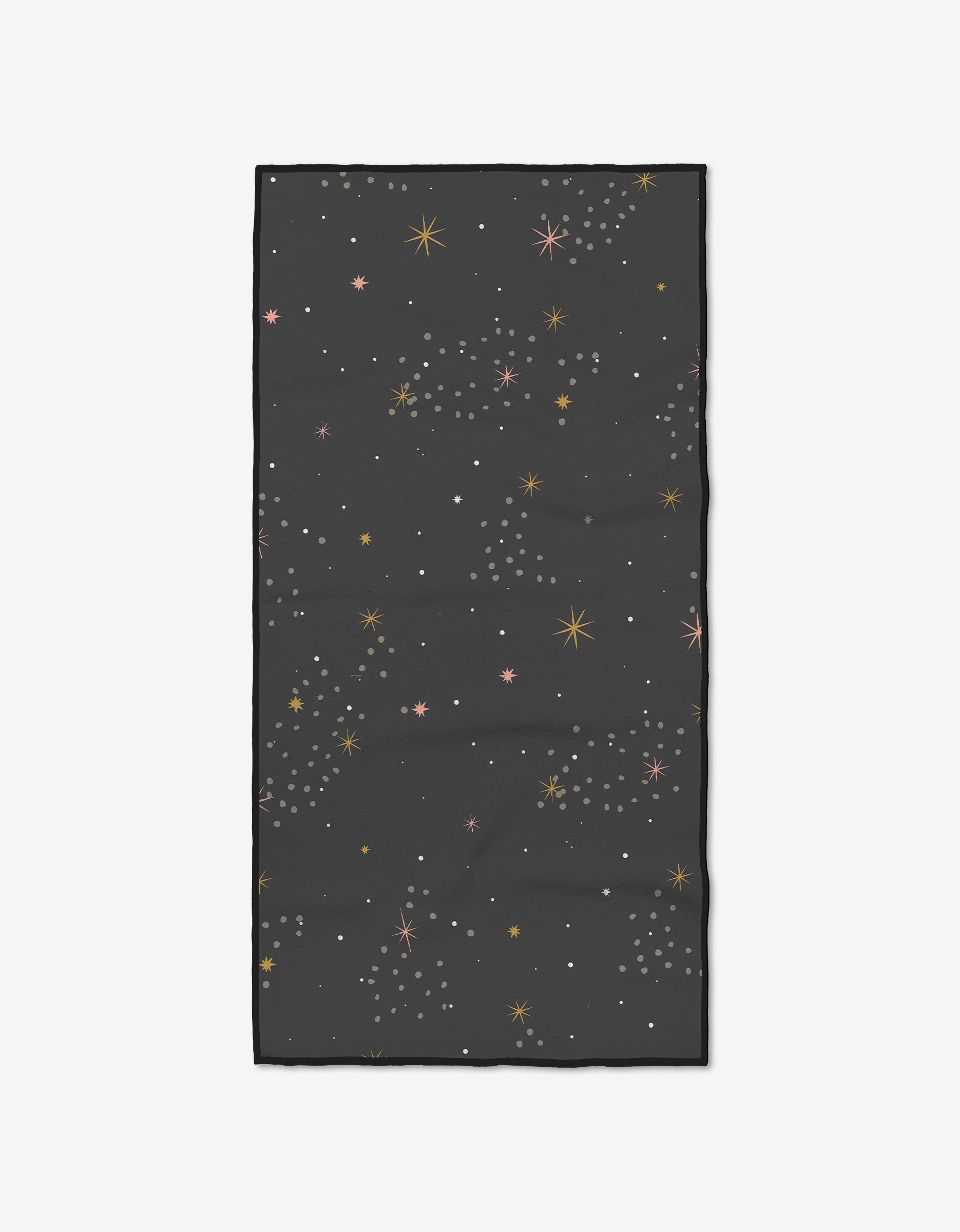 The Ash Cascade Galaxy Burst Fitness Towel is rectangular and black, with a scattered gold, pink, and white star and dot pattern. Made from ultra-absorbent recycled materials for sustainable workouts.