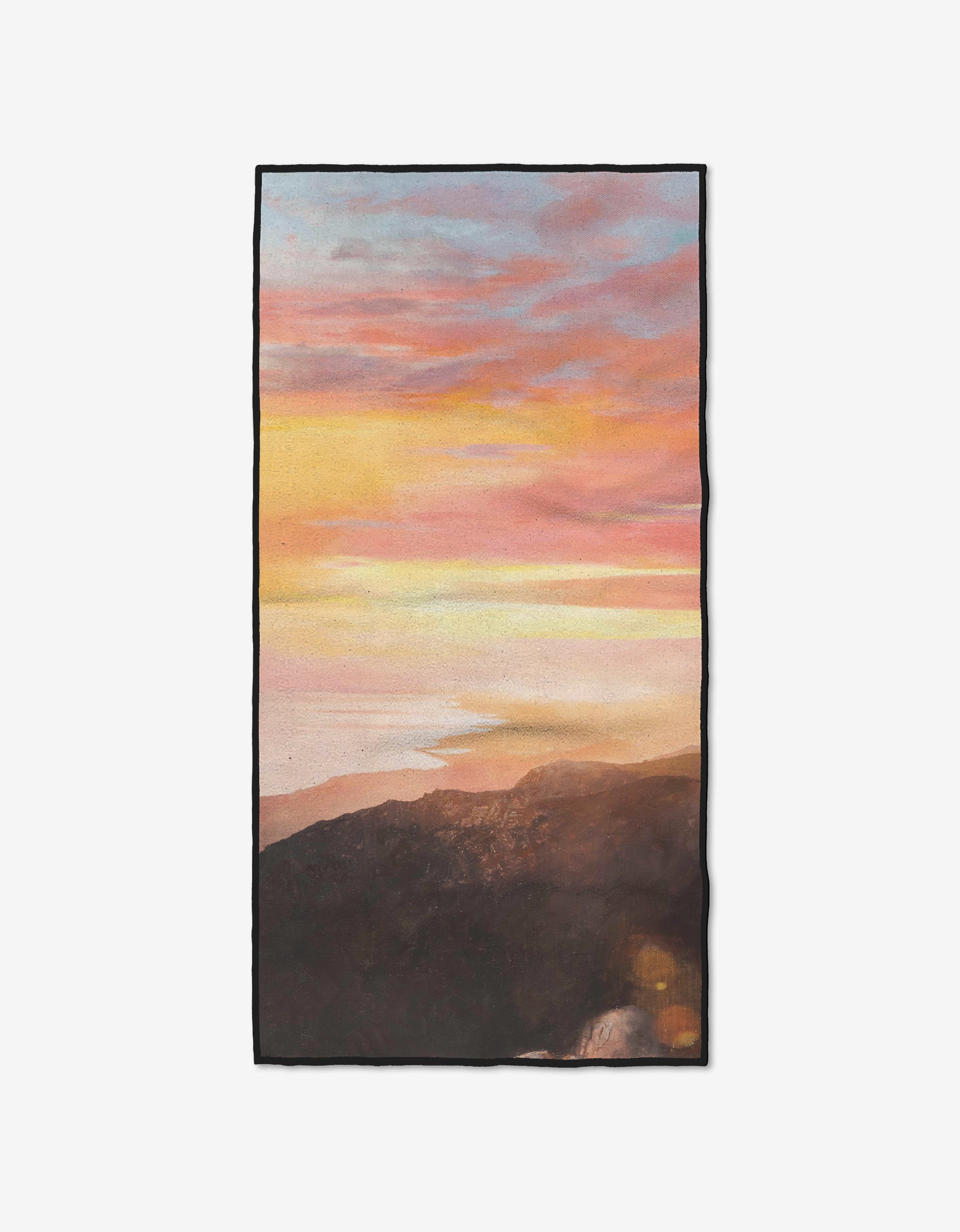 The Her Majesty fitness towel by Stefanie Bales features a scenic coastline at sunset with vibrant pink, orange, and yellow clouds over a dark shore. Ultra-absorbent and made from recycled materials for eco-friendly use.