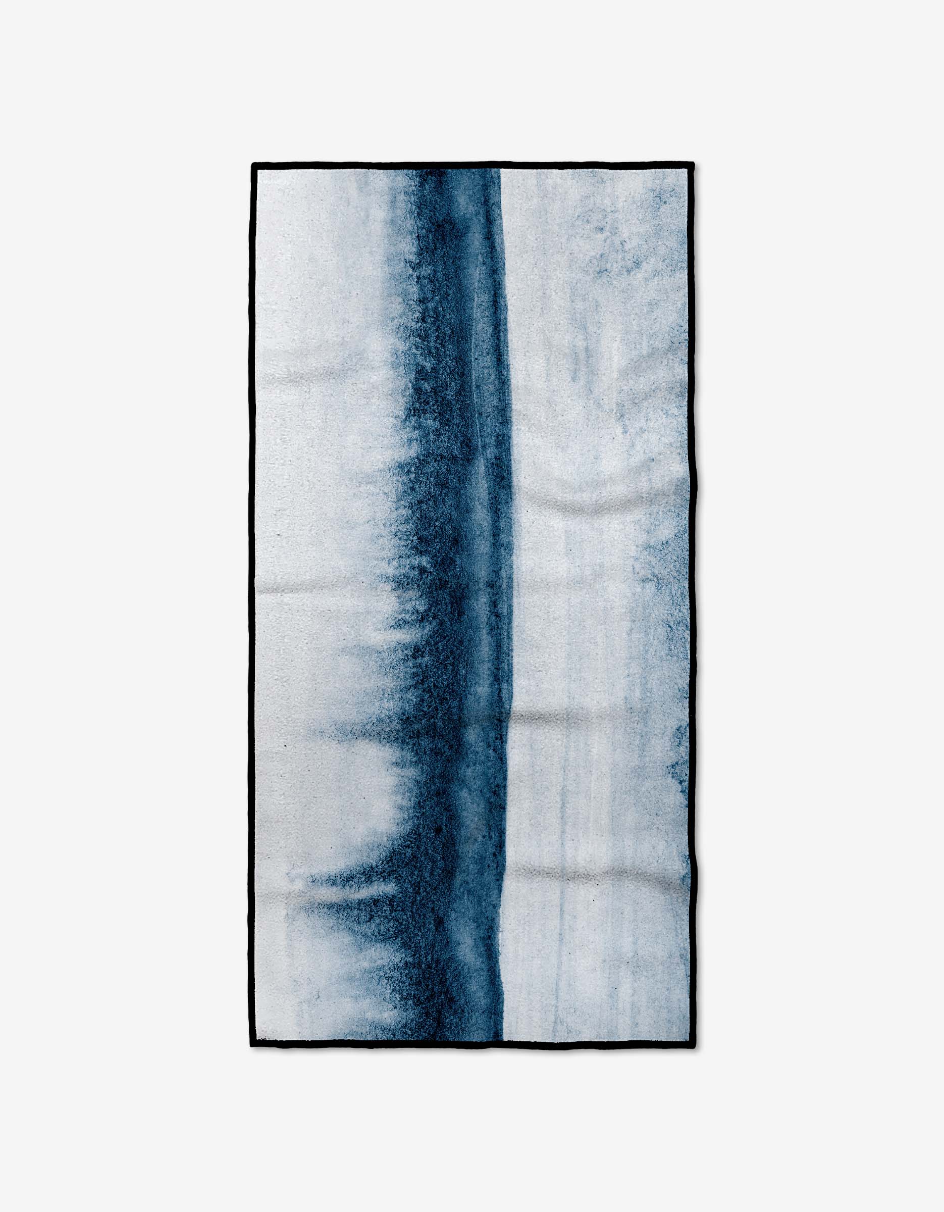 GEOMETRYs In The Distance Fitness Towel features a vertical abstract blue and white gradient with a dark left section, lighter right tones, and thin black border, made from ultra-absorbent Geoweave fabric.