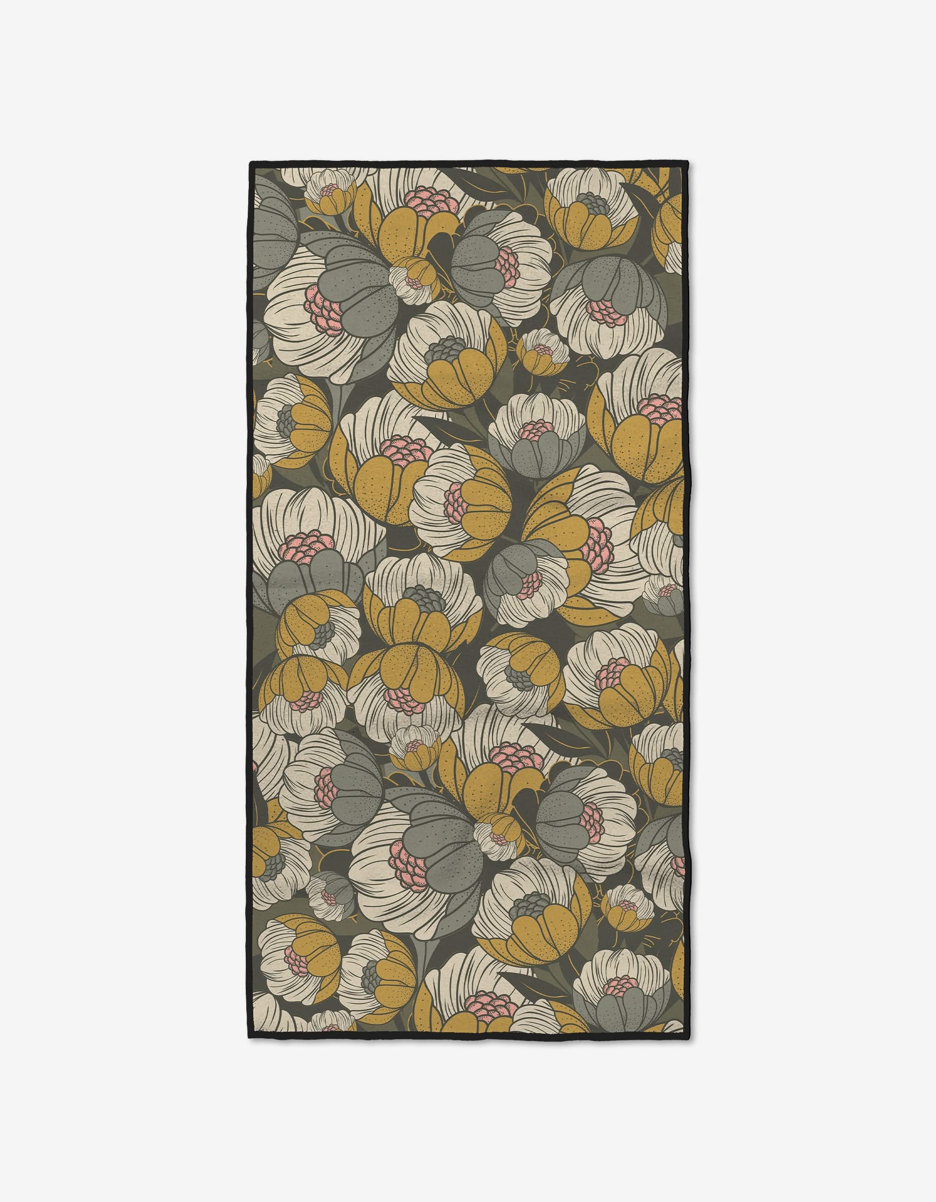 The Ash Cascade Lakeside Bloom Fitness Towel is ultra-absorbent and rectangular, featuring a floral design with large yellow, cream, and gray flowers with red accents on a dark background.