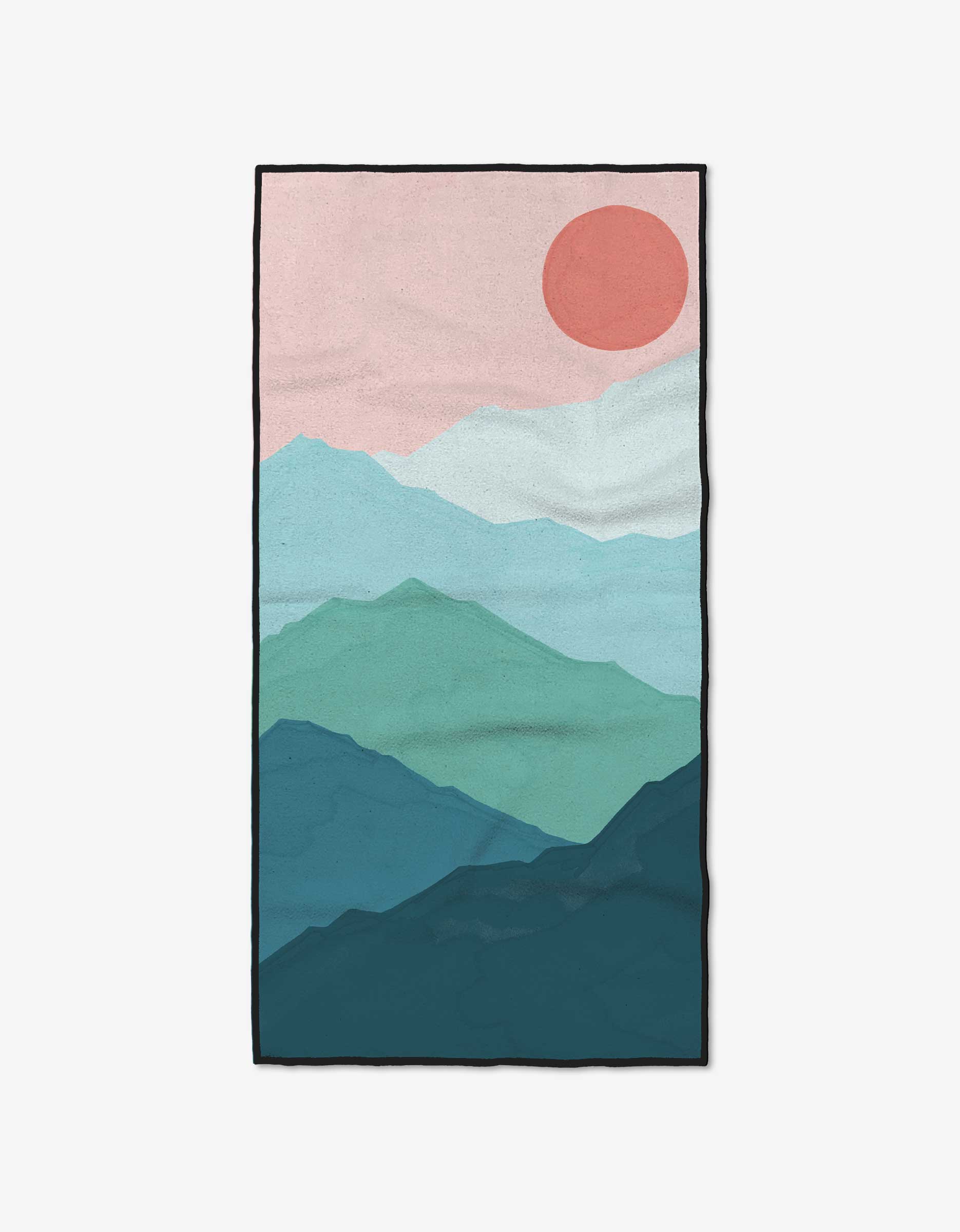 Landscape by GEOMETRY: a minimalist design of blue and green mountains with a red sun on a pink sky, printed on ultra-absorbent fitness towels made from recycled materials.