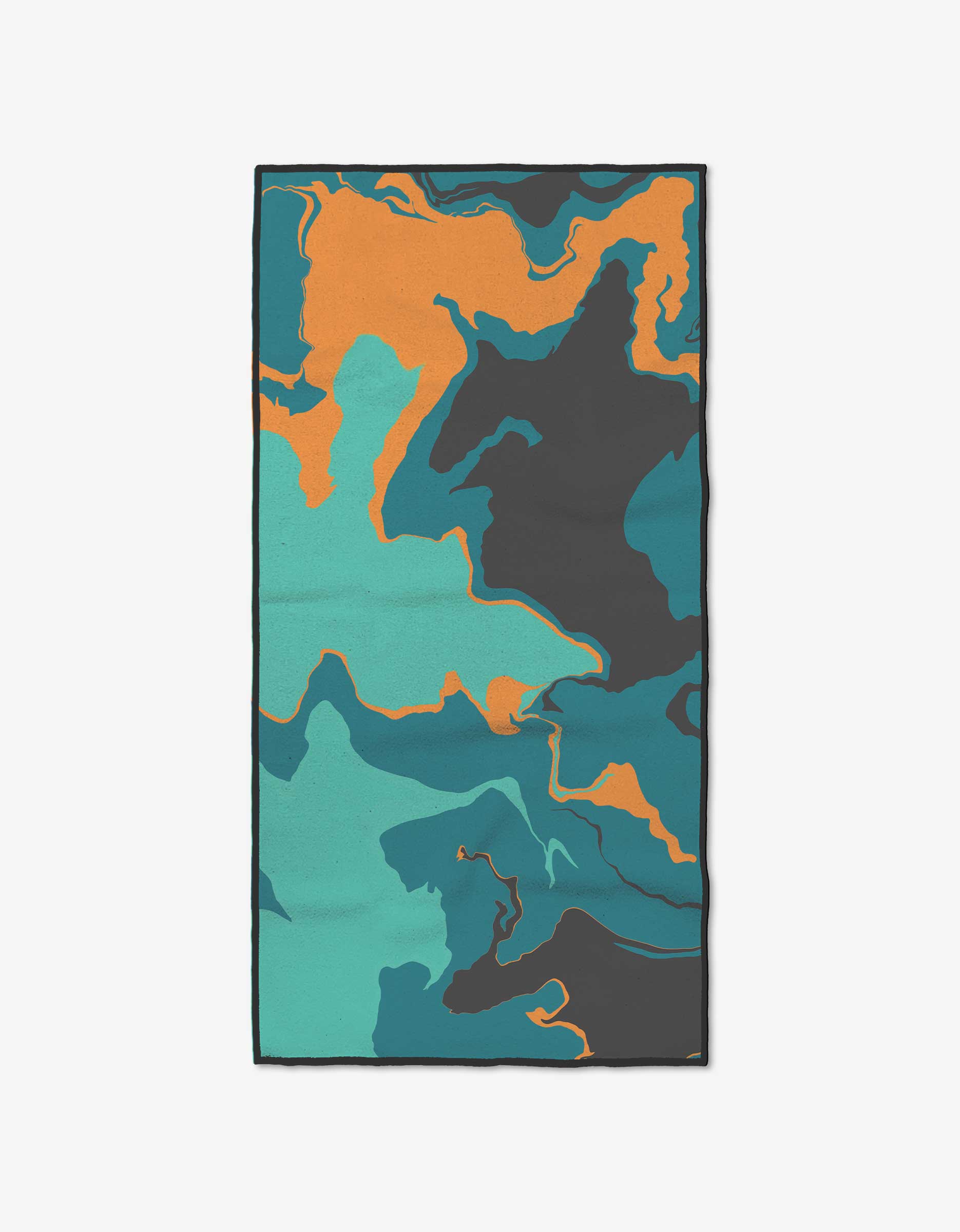 The GEOMETRY Orange Turquoise Fitness Towel features an abstract wavy design in teal, turquoise, orange, and dark gray on white, made from ultra-absorbent Geoweave fabric for top performance.