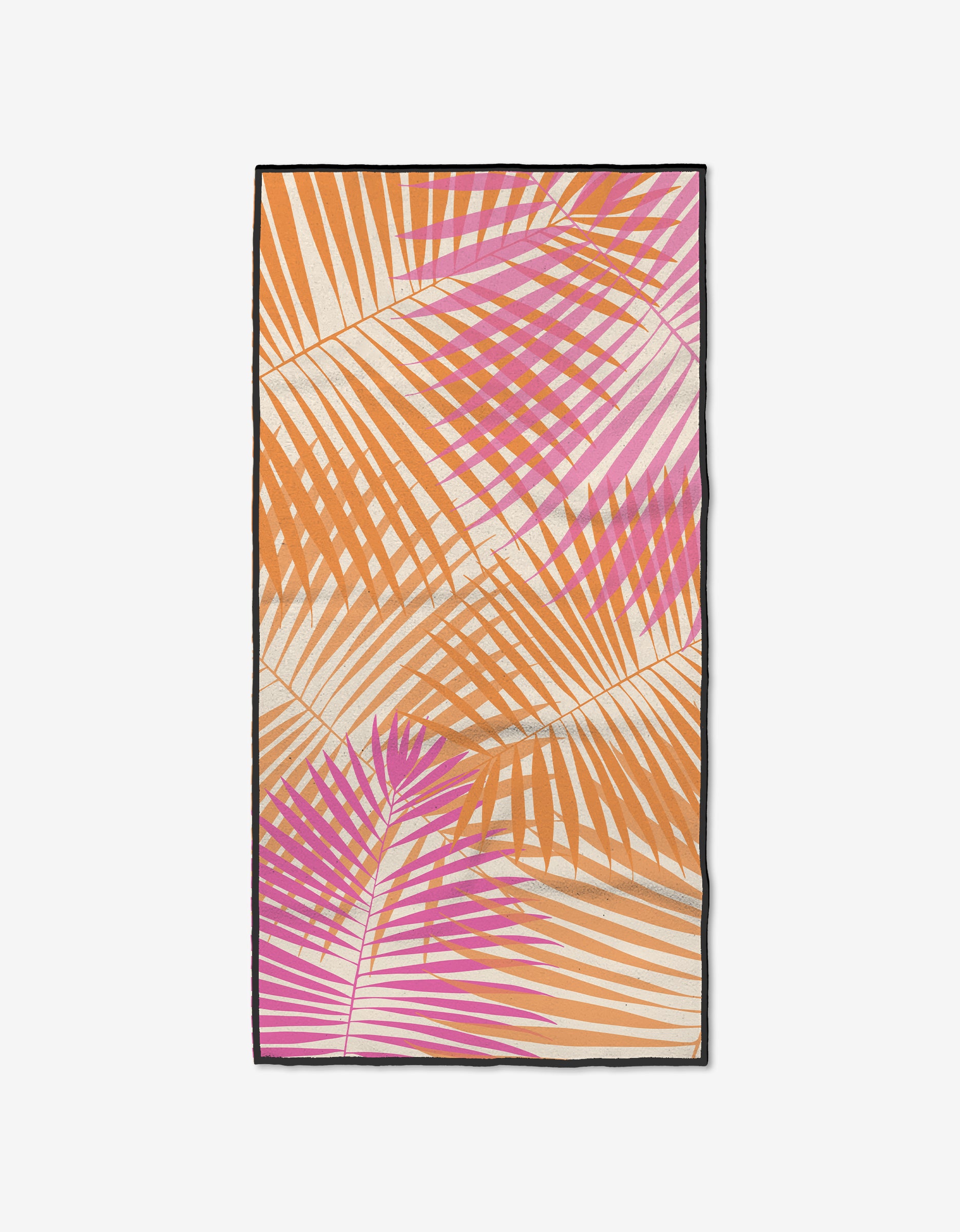 The Pink Fronds by GEOMETRY is a rectangular beach towel with a vibrant palm leaf pattern in orange, pink, and peach on a light background, bordered with black. Crafted from ultra-absorbent Geoweave fabric—ideal for the beach or gym.