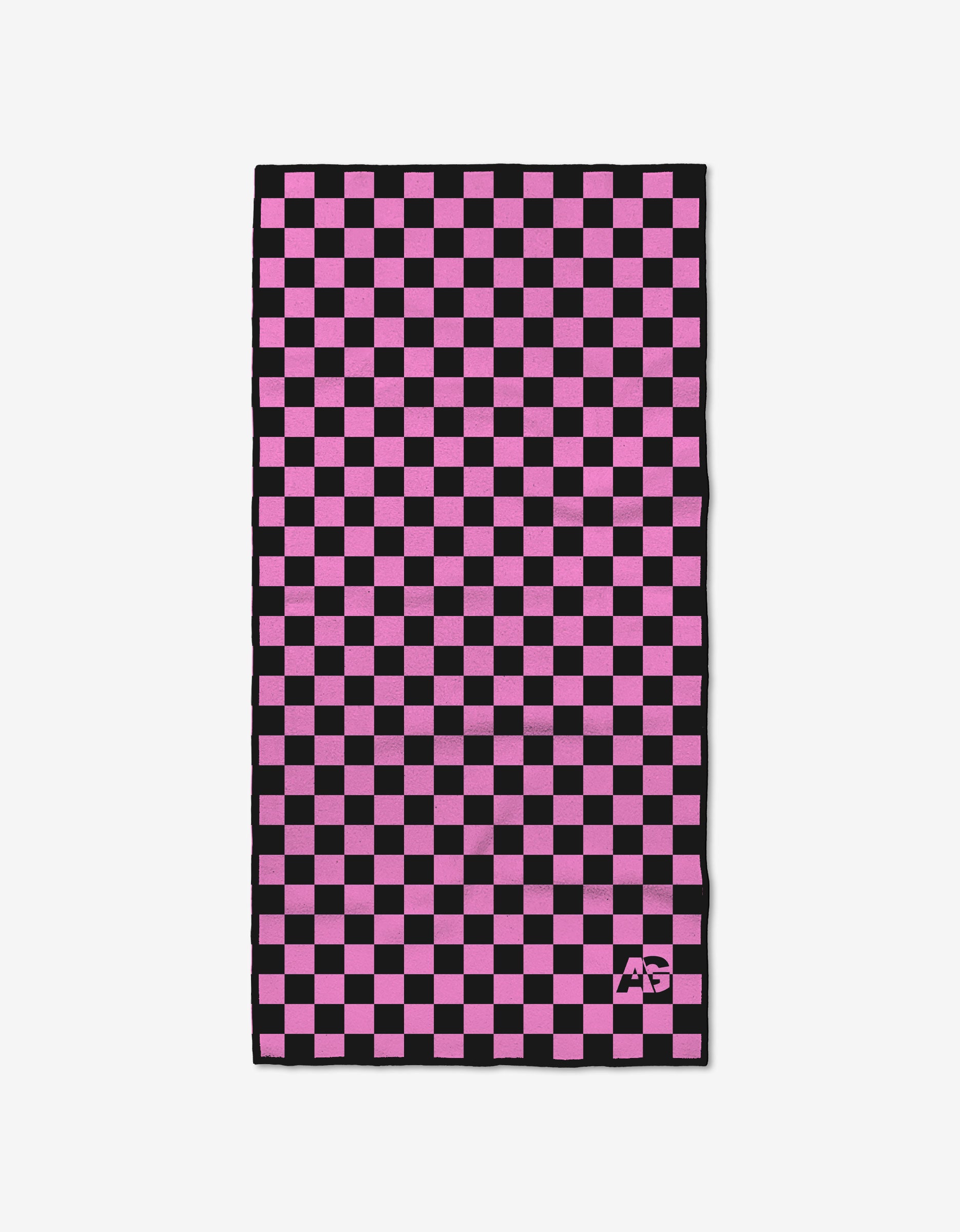 The Ashley Guarrasi Powder Puff is a rectangular fitness towel with a pink and black checkered pattern, crafted from ultra-absorbent recycled materials and featuring a small white logo in one corner, shown on a white background.