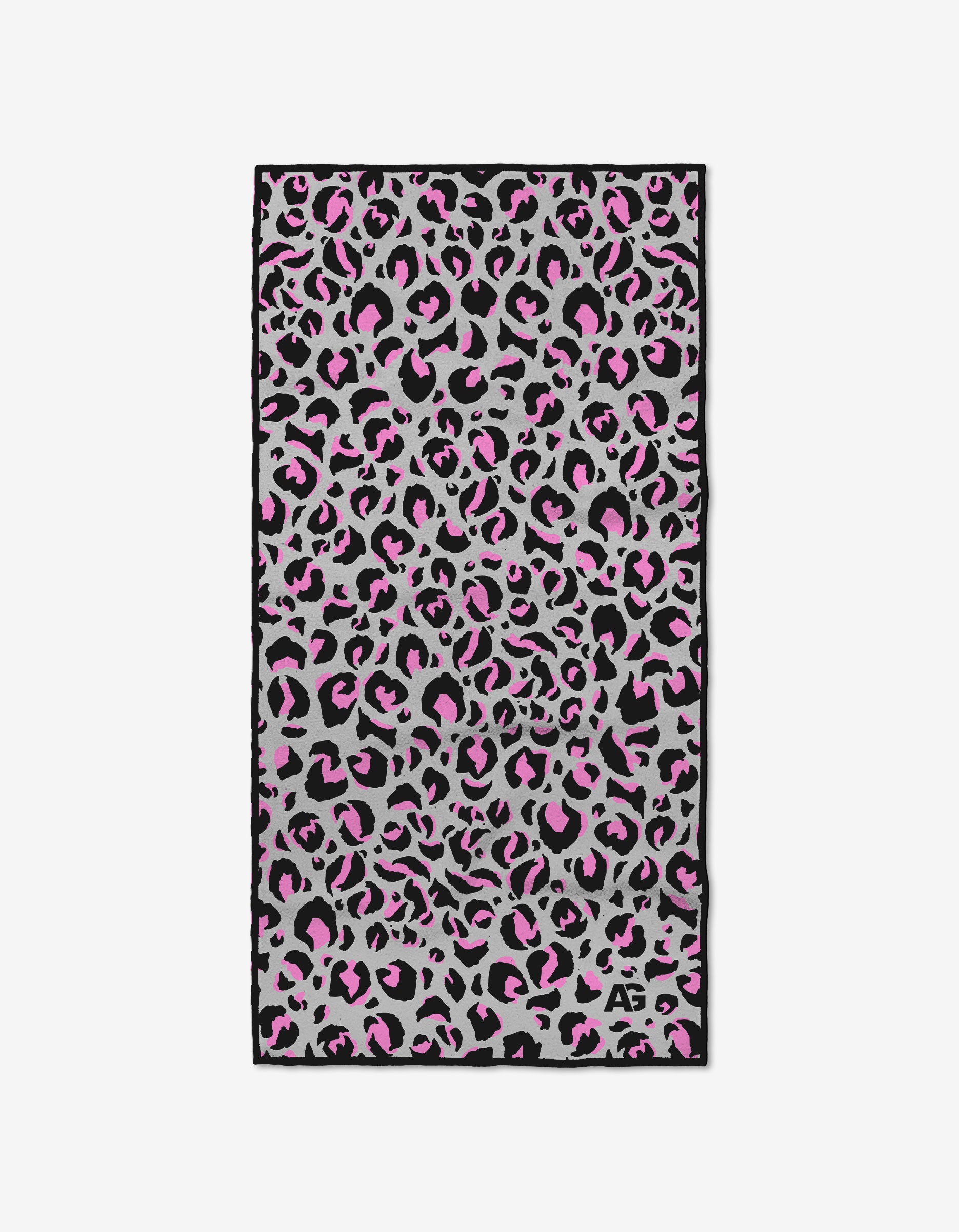 Introducing Queen by Ashley Guarrasi: a rectangular fitness towel with a black and pink leopard print on light gray, made from ultra-absorbent recycled materials and detailed with AS initials in the bottom right corner.