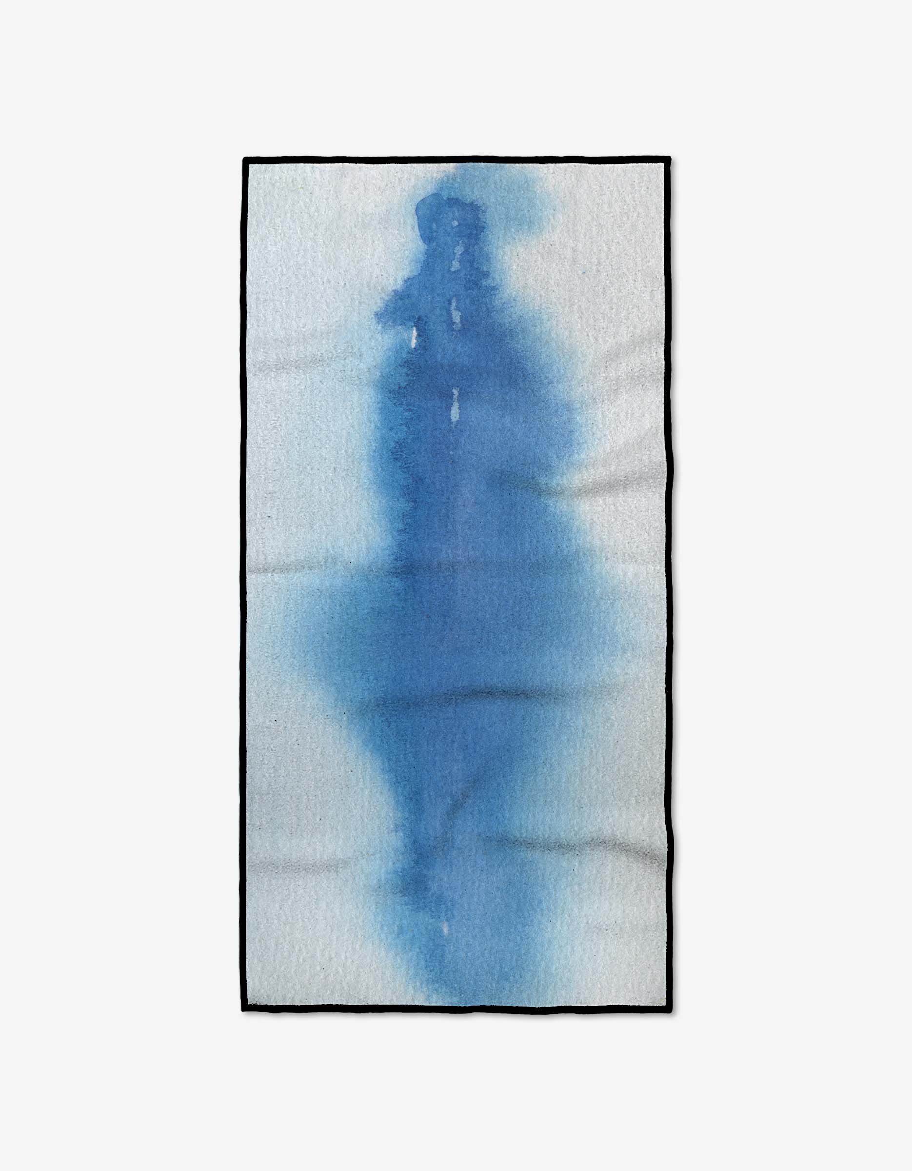 The Soul by GEOMETRY is a rectangular rug with an abstract blue watercolor stain at the center that fades to lighter edges, bordered in black—crafted from recycled materials for an eco-friendly touch.