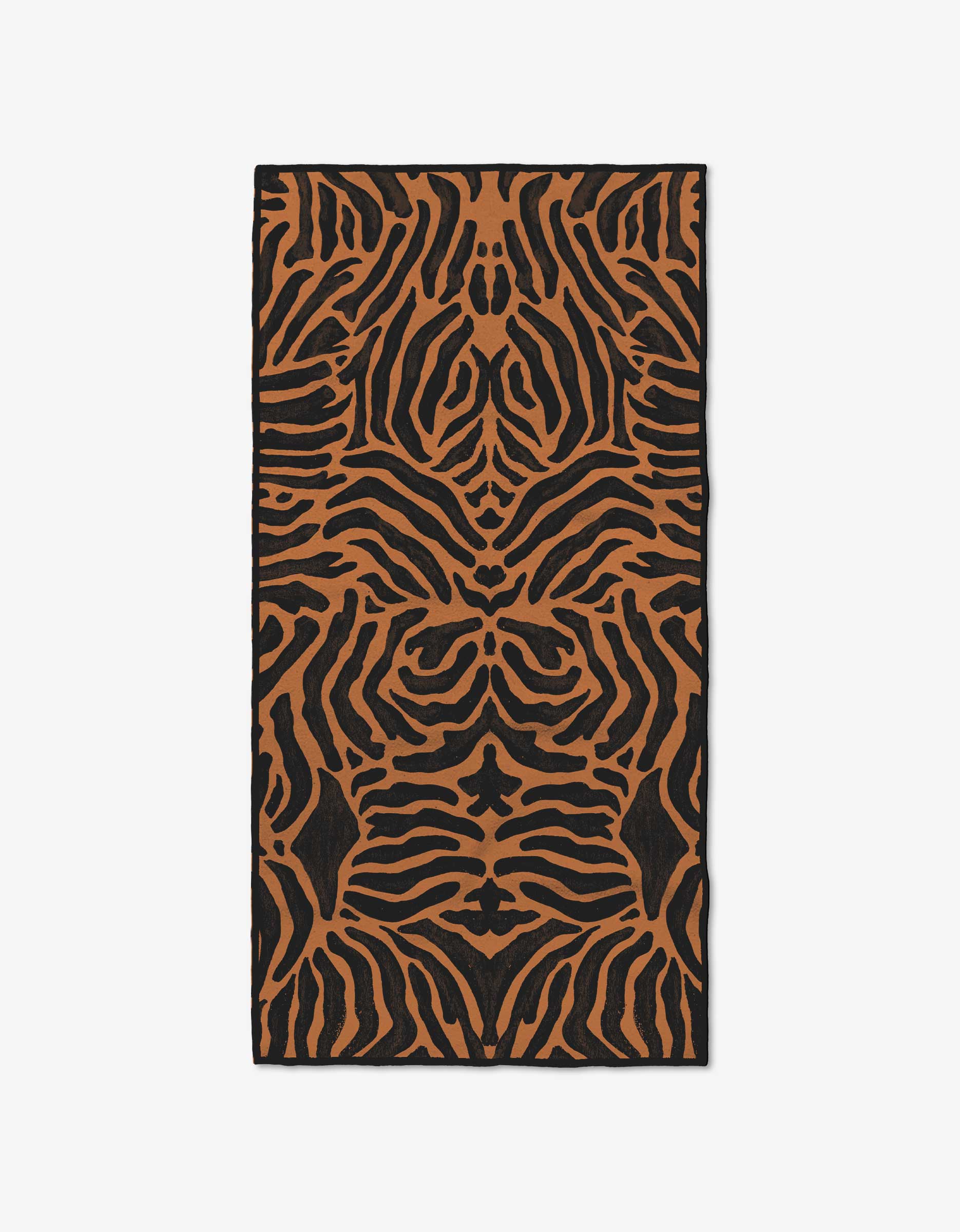 The Tiger rectangular rug by GEOMETRY features bold black and brown tiger stripes with wavy, symmetrical lines on a plain white background, inspired by ultra-absorbent Geoweave fabric for striking contrast.