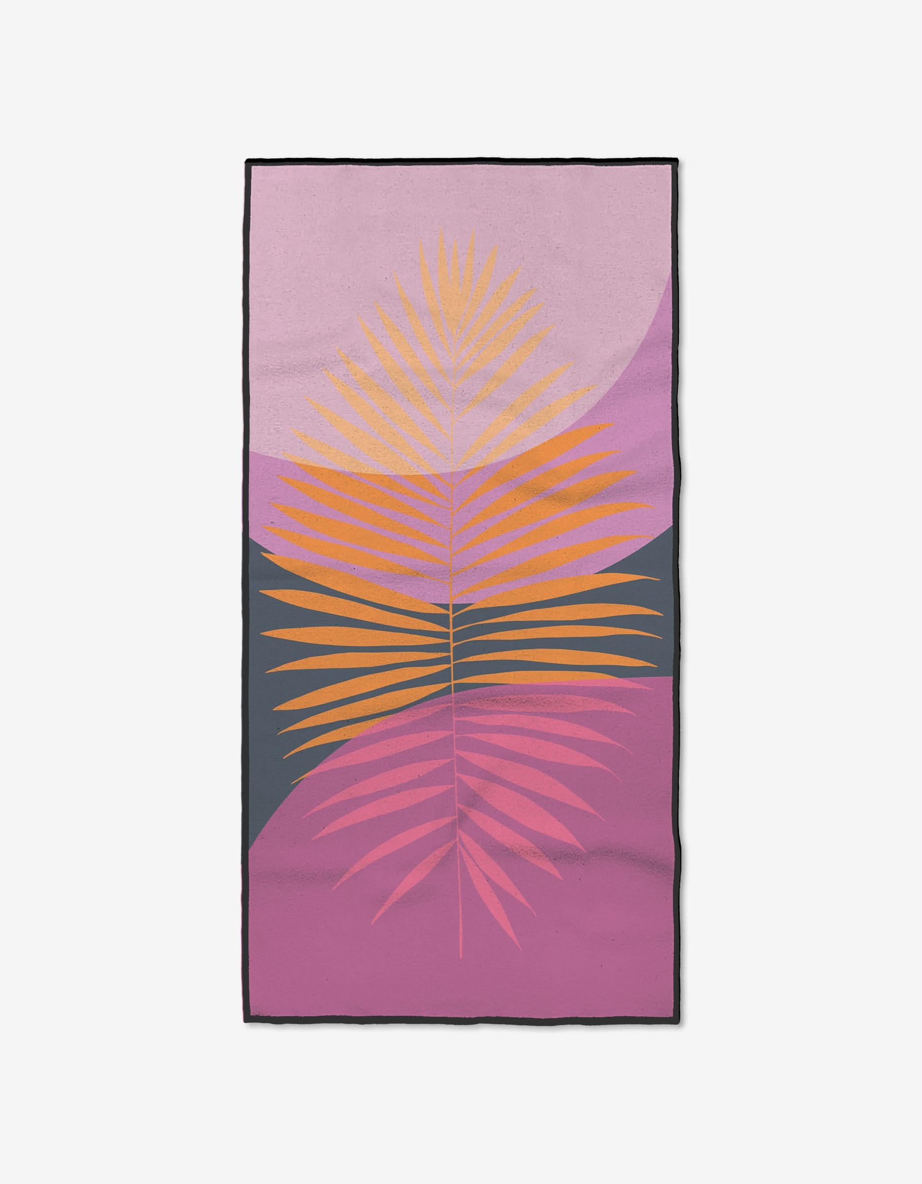 The GEOMETRY Tropical Summer Fitness Towel features a rectangular shape with a stylized palm leaf in yellow and orange, set on pink, purple, and dark gray geometric patterns. Made from recycled materials for eco-friendliness.