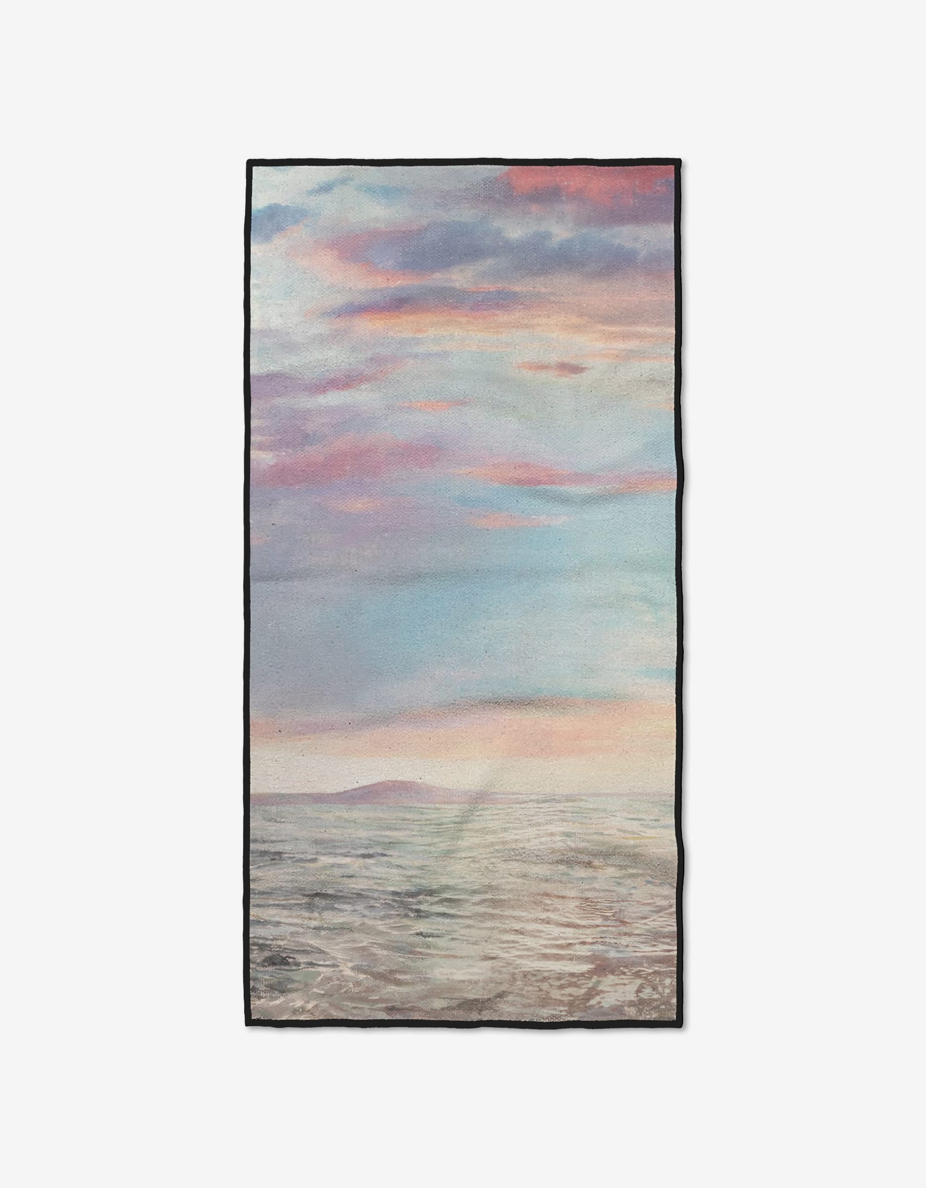 The When I Close My Eyes Fitness Towel by Stefanie Bales features a pastel seascape with gentle waves, an island, and a pink-blue cloudy sky, bordered in black. Made from ultra-absorbent Geoweave fabric for maximum performance.