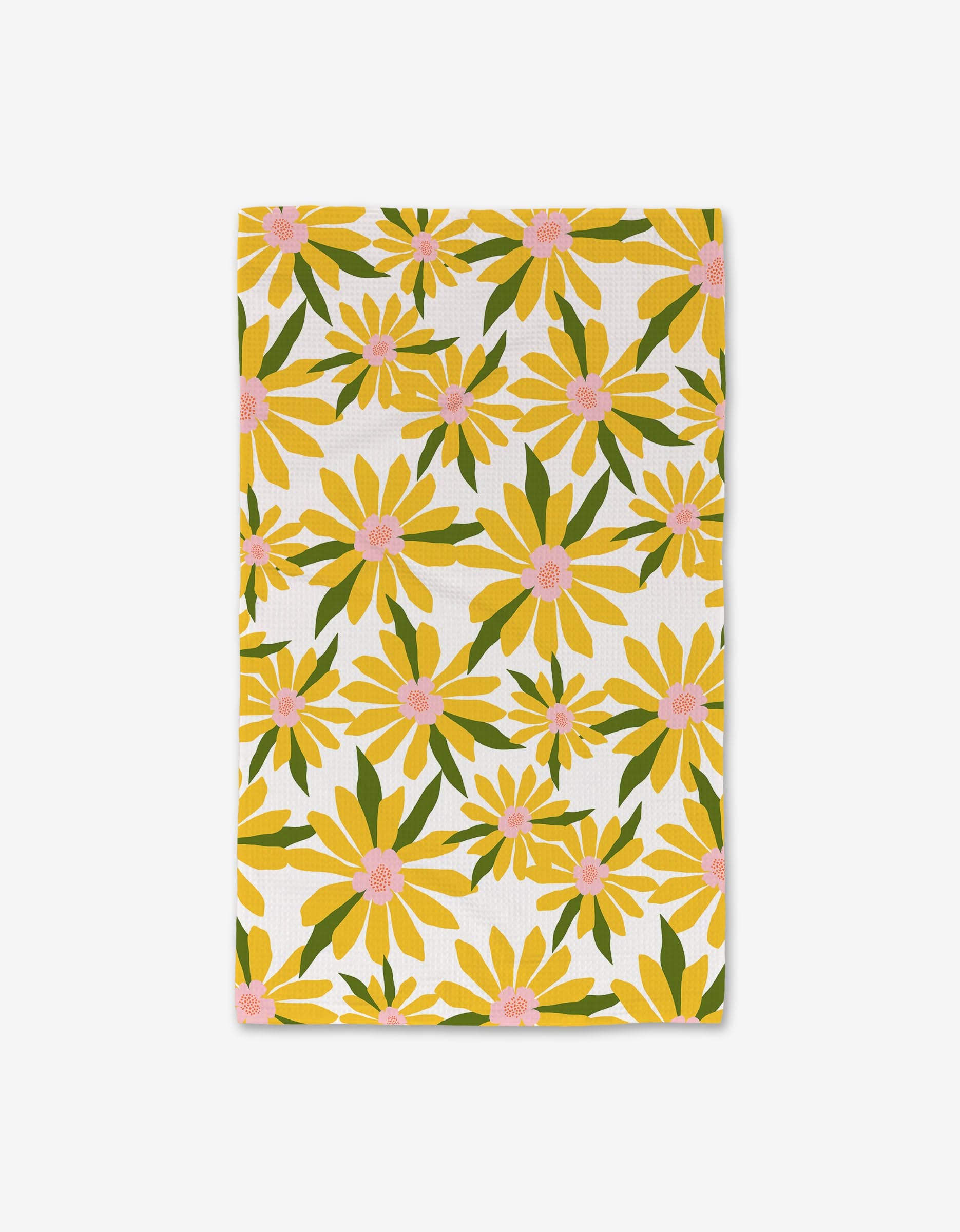 The GEOMETRY Bliss and Bloom Gold Luxe Hand Towel features a white background with large yellow flowers, pink centers, and green leaves, crafted with ultra-absorbent Geoweave technology for superior style and performance.
