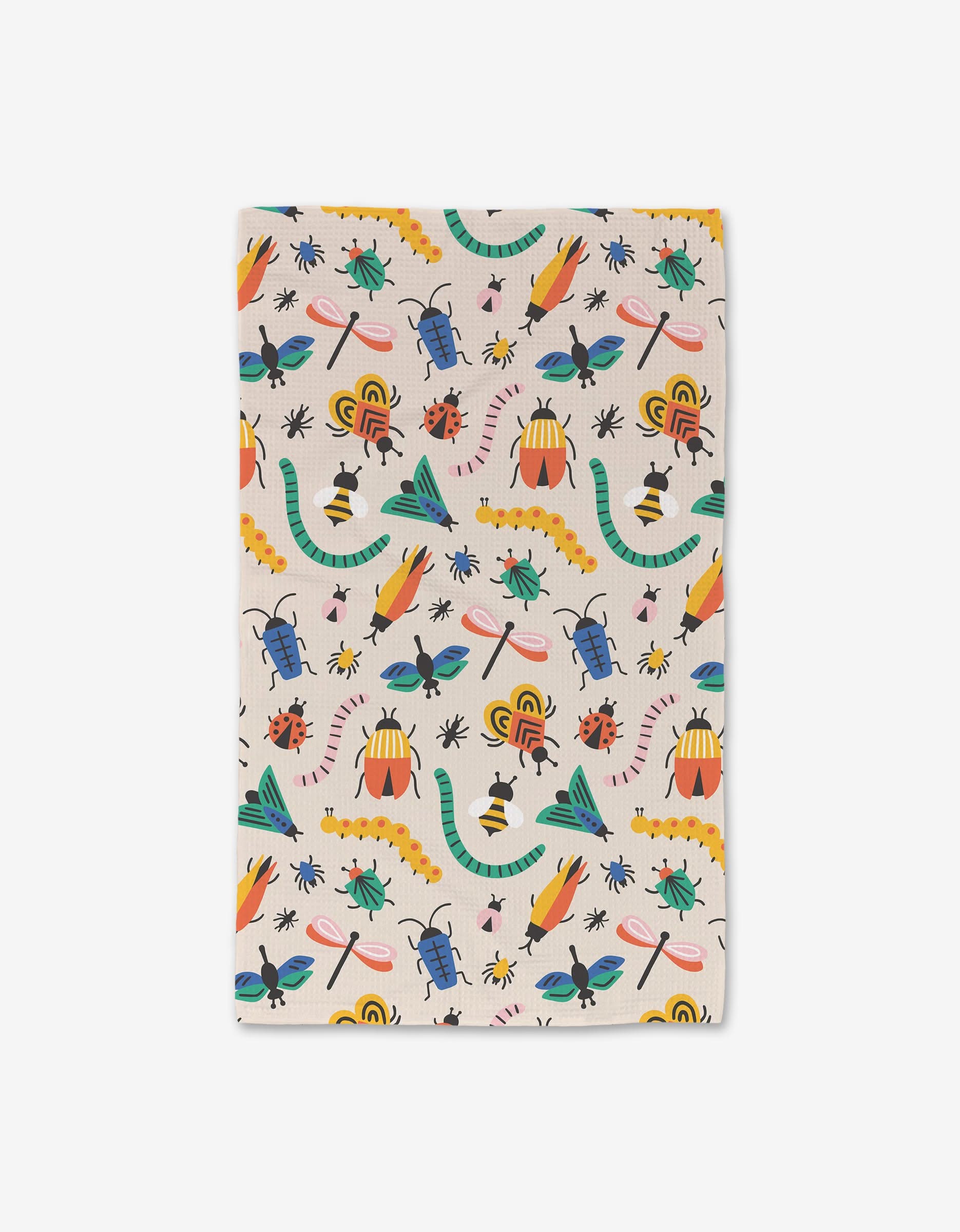 The Genna Blackburn Bugs Luxe Hand Towel features a vibrant insect and orange flower pattern on a light background, crafted with Geoweave technology for ultra-absorbency and style in your space.