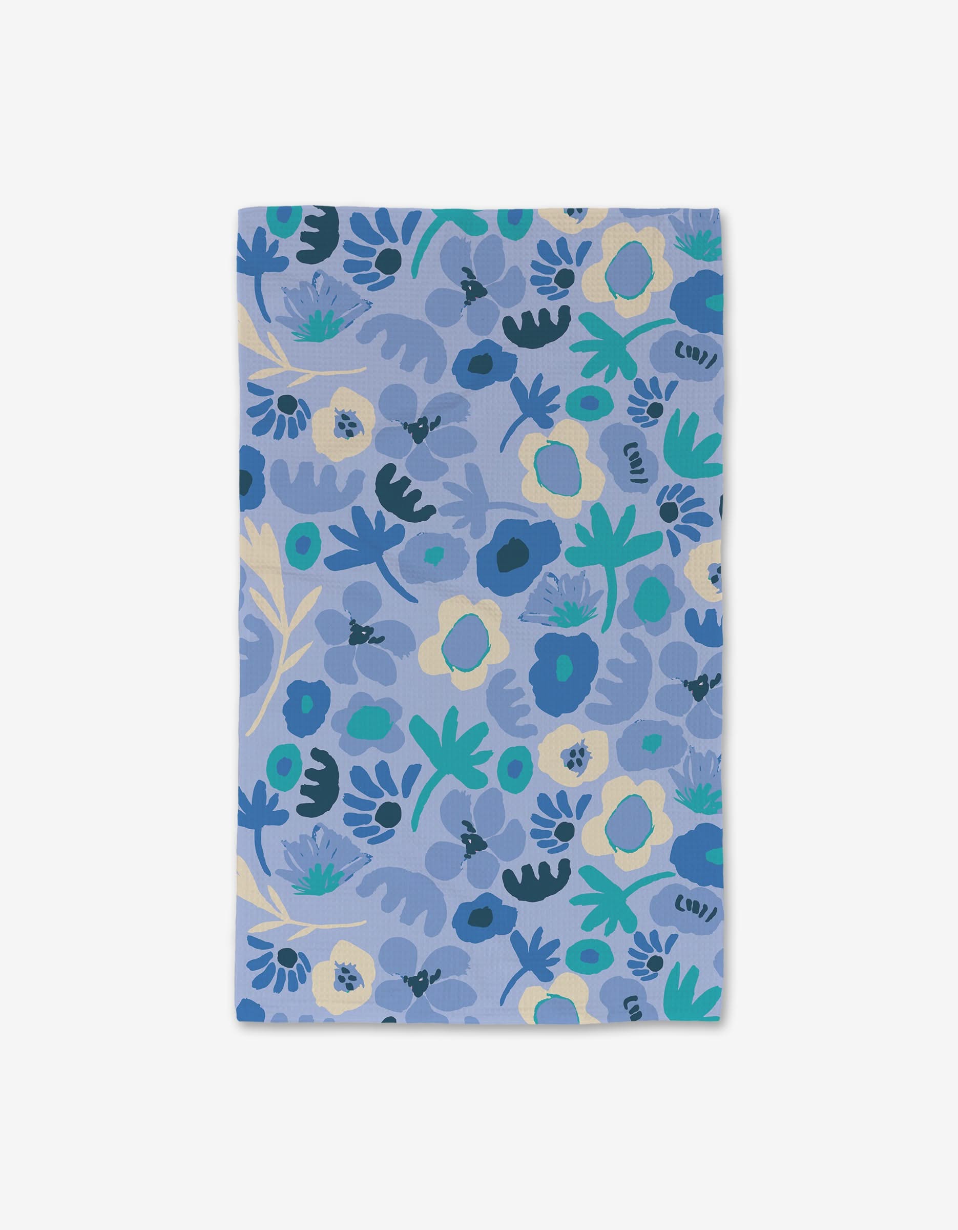 The Cool Blooms Luxe Hand Towel by Sareka Unique features a blue and green abstract floral pattern on light blue, crafted from ultra-absorbent recycled materials.