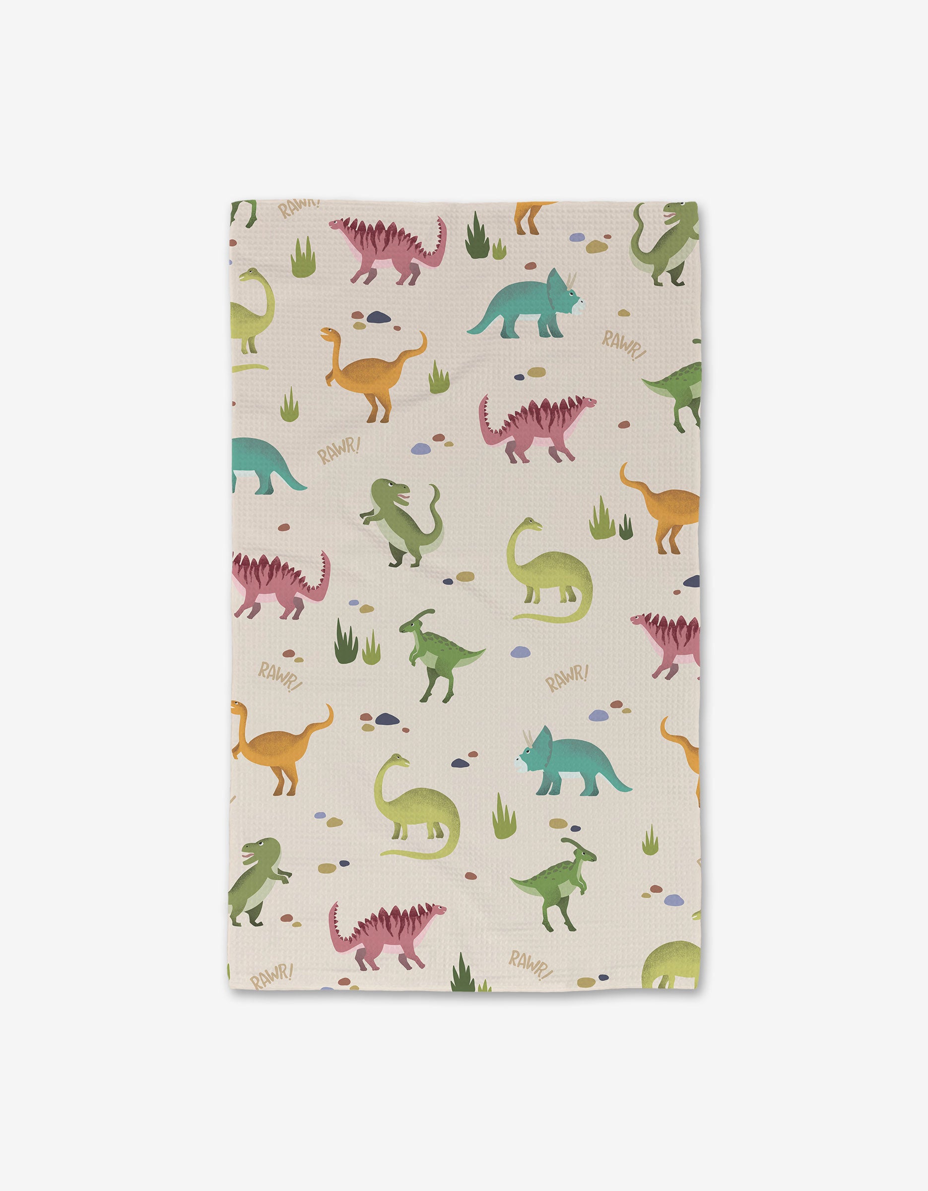The GEOMETRY Dancing Dinos Luxe Hand Towel showcases playful green, orange, pink, and blue dinosaur designs with grass, rocks, and “RAWR!” accents. Made from ultra-absorbent recycled materials.