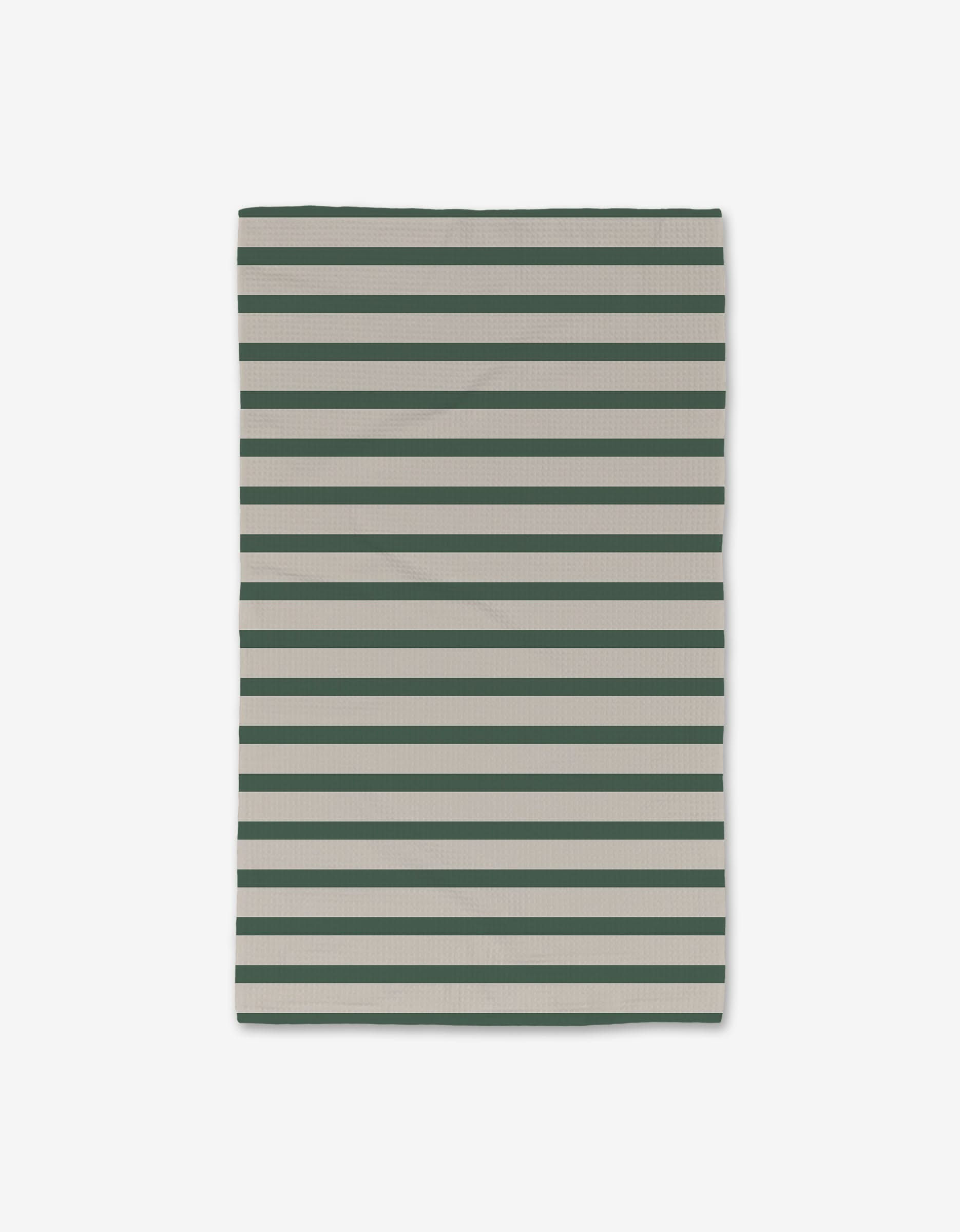 The Deep Green Stripes hand towel by GEOMETRY features alternating dark green and light gray horizontal stripes on white, with ultra-absorbent Geoweave technology and evenly spaced stripes running parallel across the fabric.