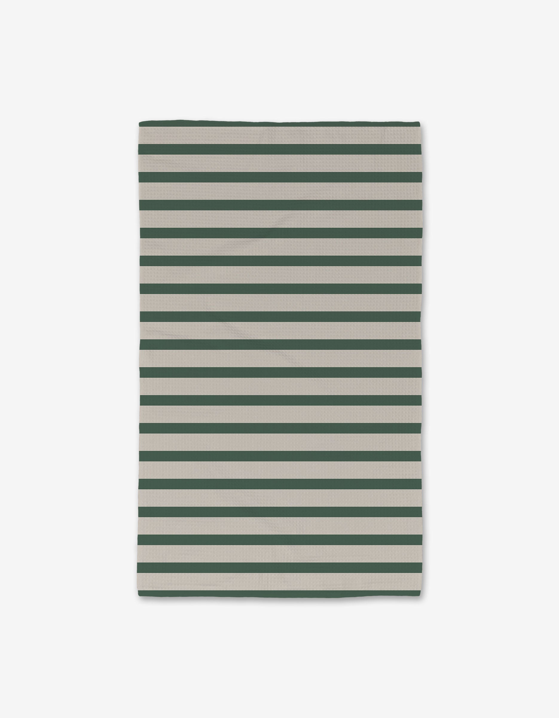 The Deep Green Stripes hand towel by GEOMETRY features alternating dark green and light gray horizontal stripes on white, with ultra-absorbent Geoweave technology and evenly spaced stripes running parallel across the fabric.