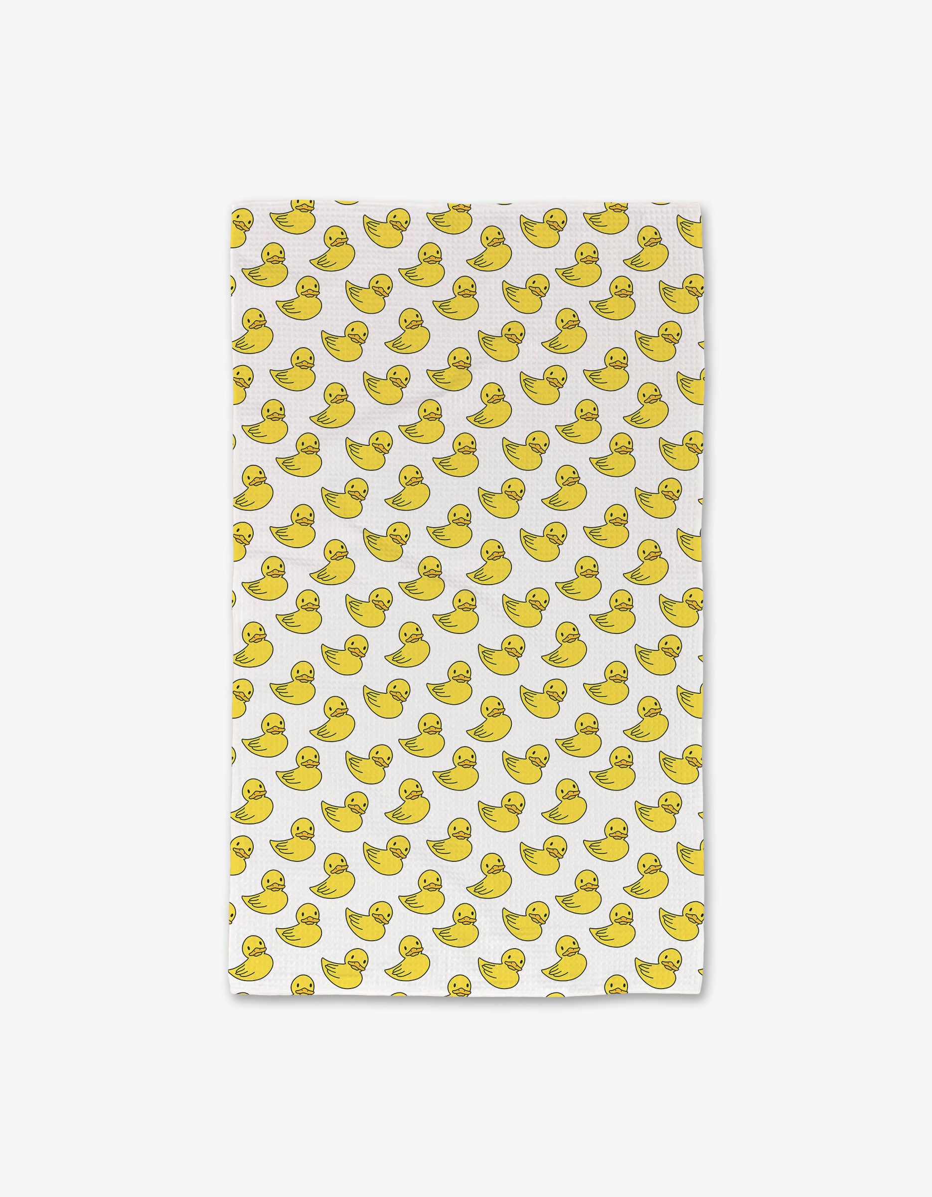 The GEOMETRY Duckies Luxe Hand Towel features a white rectangular design with a repeating yellow rubber duck pattern and is made with ultra-absorbent Geoweave technology.